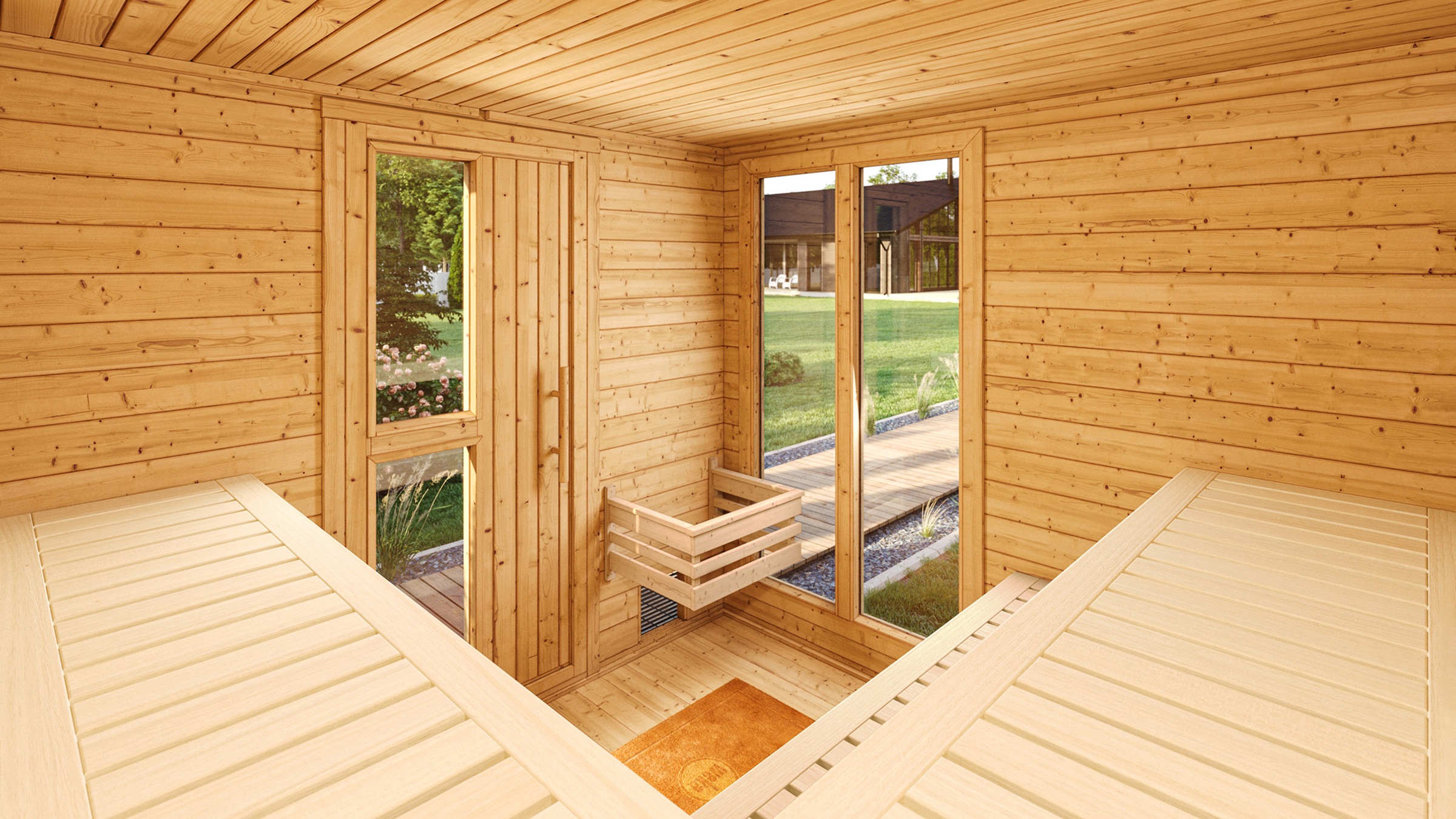 weka Saunahaus »Design-Saunahaus KUOPIO 2«, Blockbohlen im wekaLine-Profil, bodentiefes Fensterelement