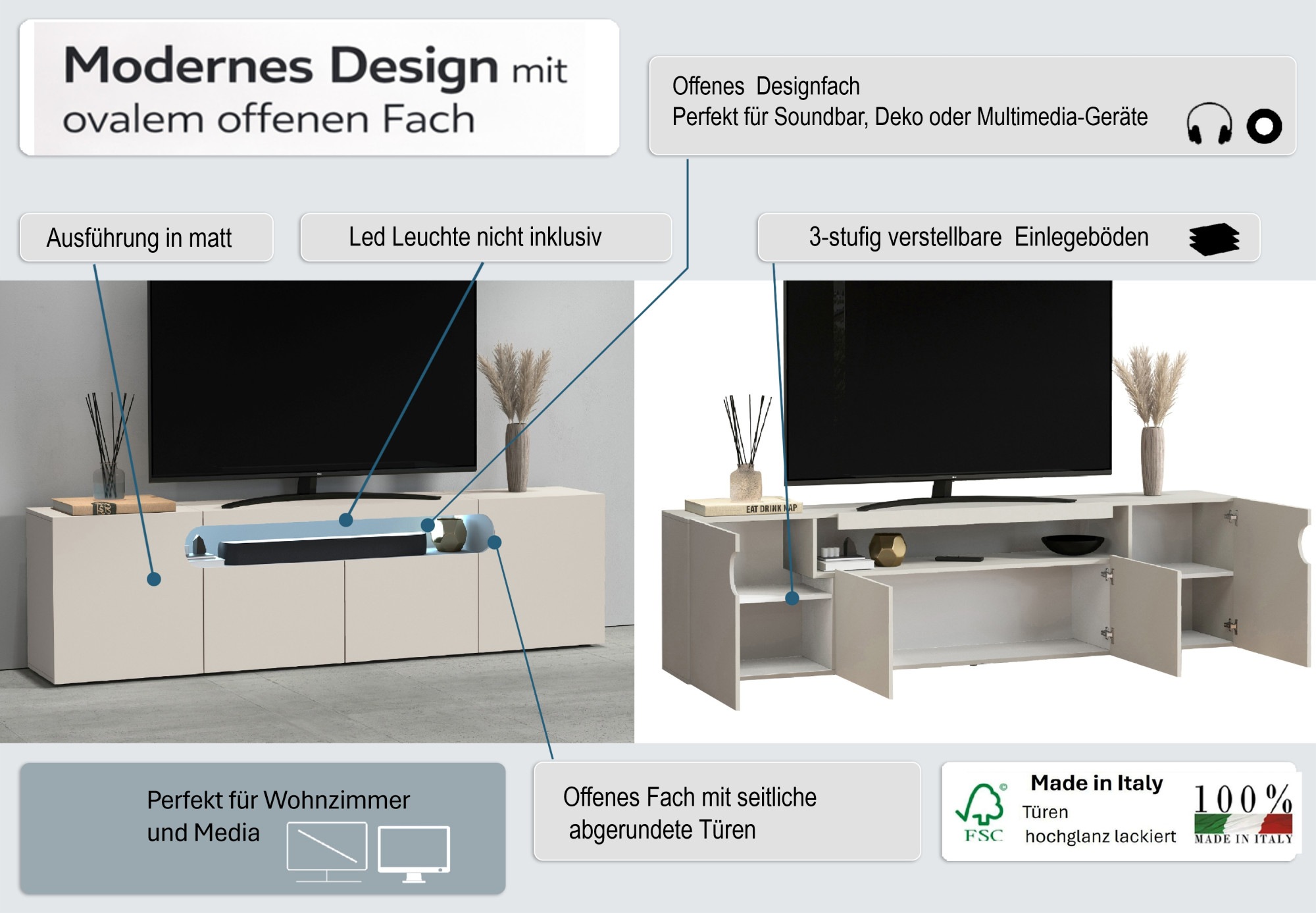 OTTO home Lowboard »REAL,Lowboard,TV-Kommode,TV-Möbel,TV-Bank« 1 Stk. tlg. Mit 4 Türen, davon 2 abgerundet, die ein ovales offenes Fach bilden