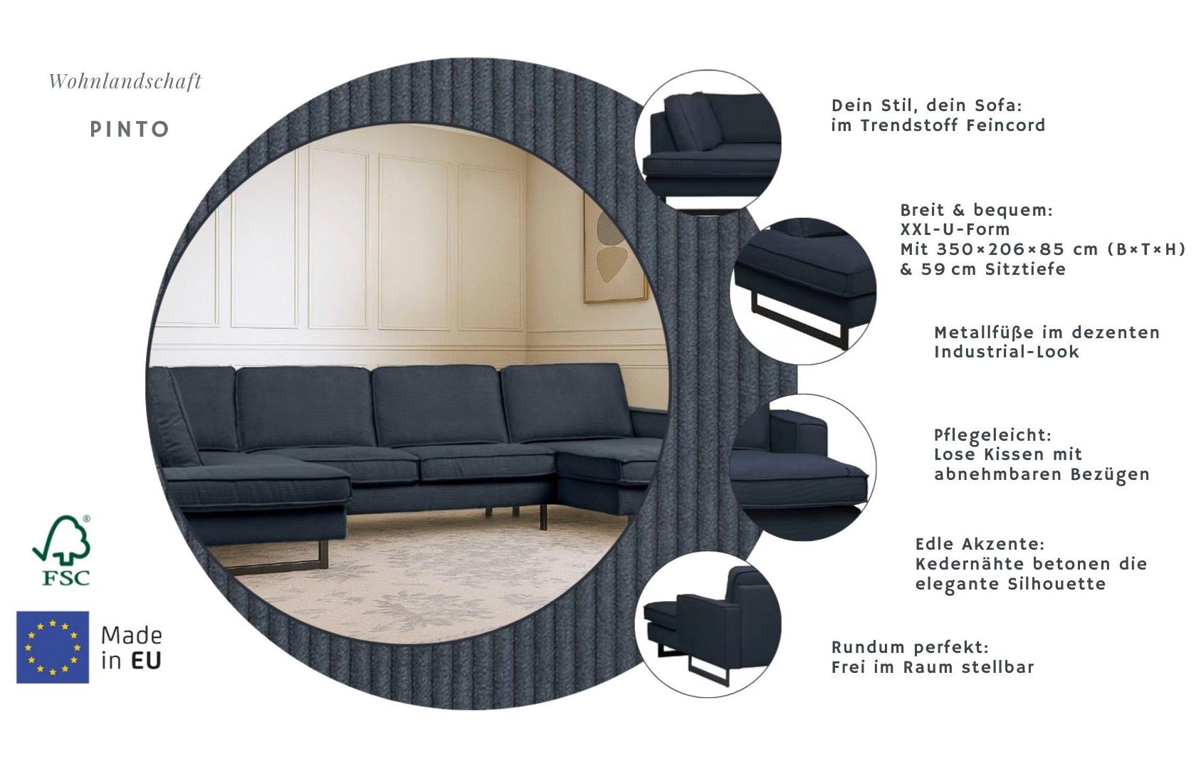 Home affaire Wohnlandschaft »Pinto, 350 cm, U-Form, XXL, mit Ottomanen« Cord, Chenille, Lederoptik, mit Keder, Metallfüße, Wellenunterfederung