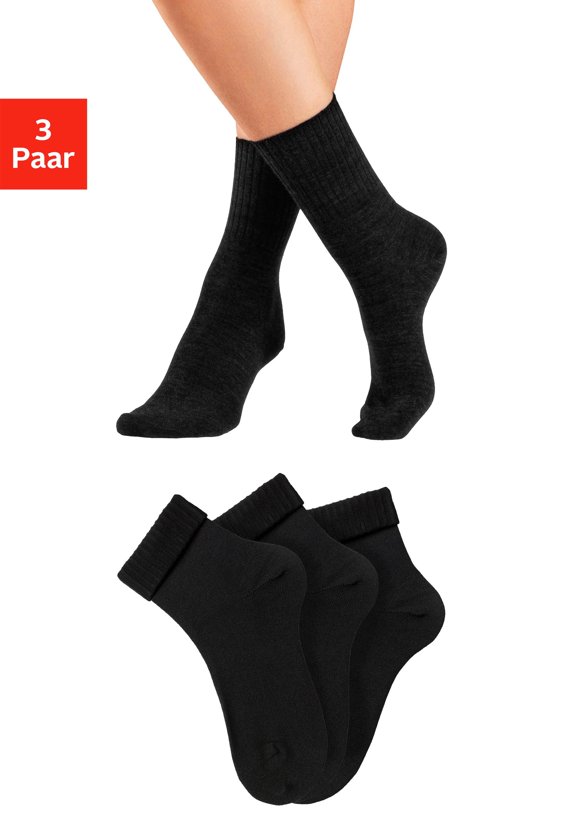 Lavana Umschlagsocken "Wollsocken, Basic Damen" Packung, 3 Paar tlg. fein gestrickt mit 53% Wolle