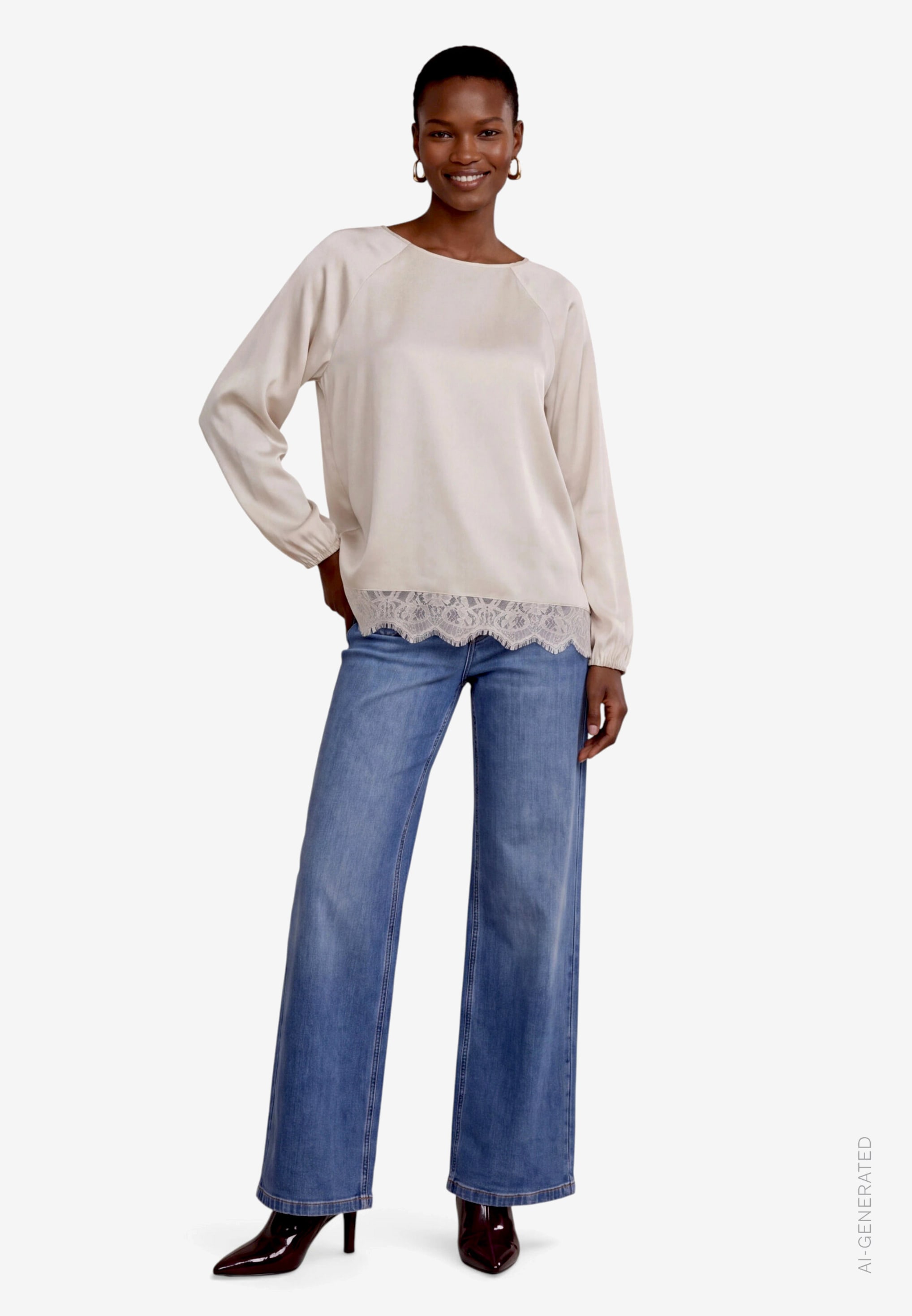 Zero Satinbluse Satin Langarmshirt mit Häkelkante am Saum