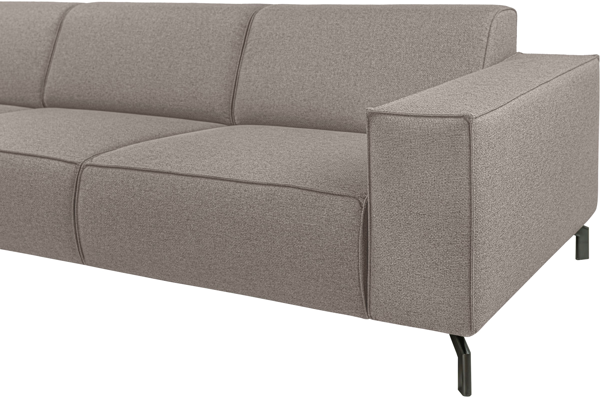 Places of Style Ecksofa »Lorcan, Breite 275 cm, weiches Sitzgefühl«, mit schwarzen Metallfüßen, Lederoptik und in weichem Strukturstoff