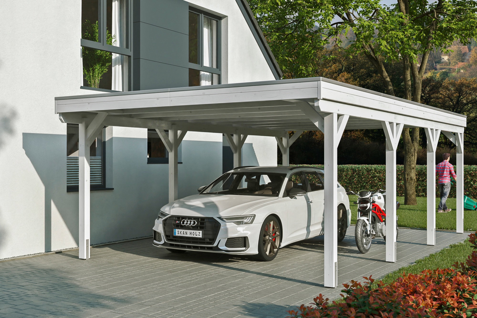 Skanholz Einzelcarport "Grunewald" Leimholz weiß mit Aluminiumdach