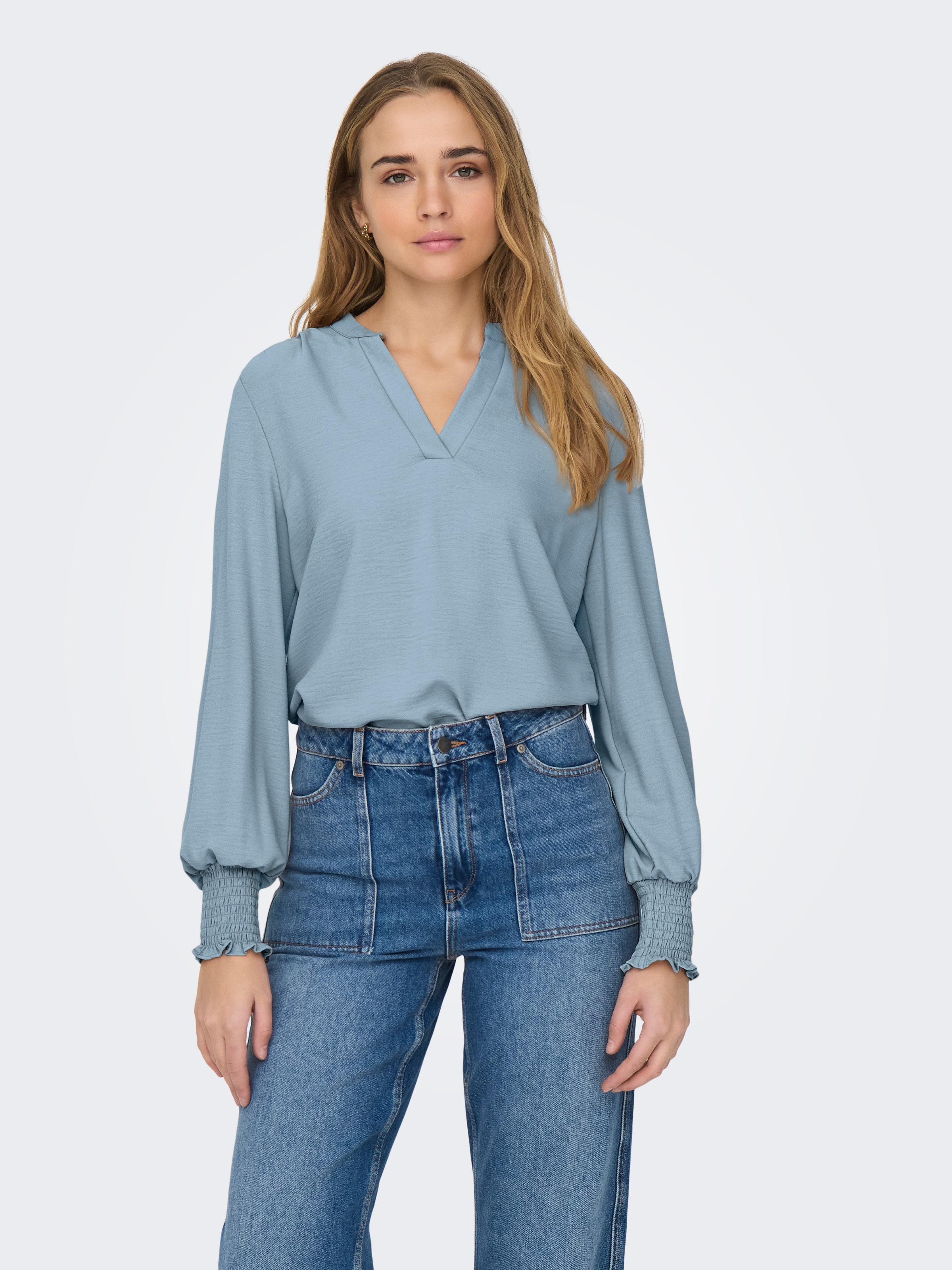ONLY Blusenshirt "ONLMETTE V-NECK LS SMOCK TOP NOOS WVN" Kunstfaser, regula günstig online kaufen