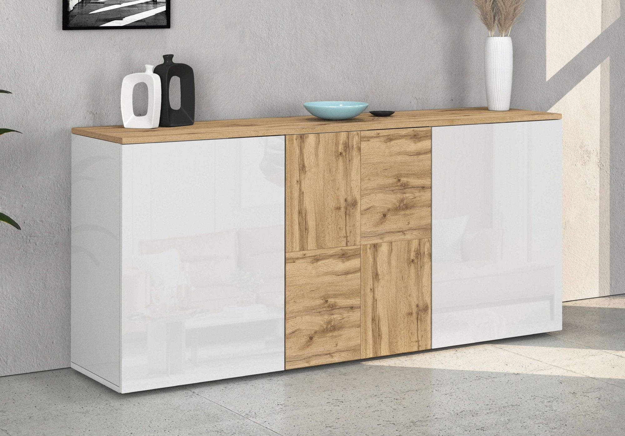 INOSIGN Sideboard »Sideboard ISEO, Kommode, Schrank, Kredenz« 1 Stk. tlg. stehend/hängend, 3 Türen HG lackiert, 6 Fächer, B 150 cm