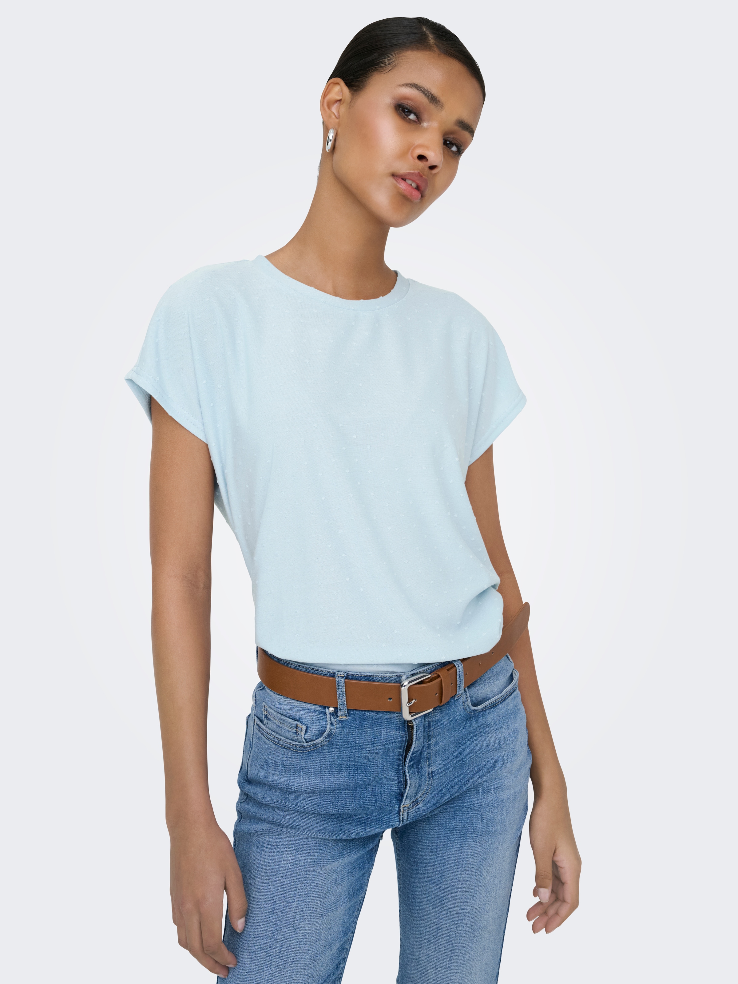 Kurzarmshirt ONLY "ONLMOLLY S/S O-NECK DOBBY TOP JRS", Damen, Gr. XS, winter sky, Jersey, Obermaterial: 80% Polyester, 20% Viskose, unifarben, regular fit normal, Rundhals, Shirts, Materialmix, regular fit, Rundhals 6