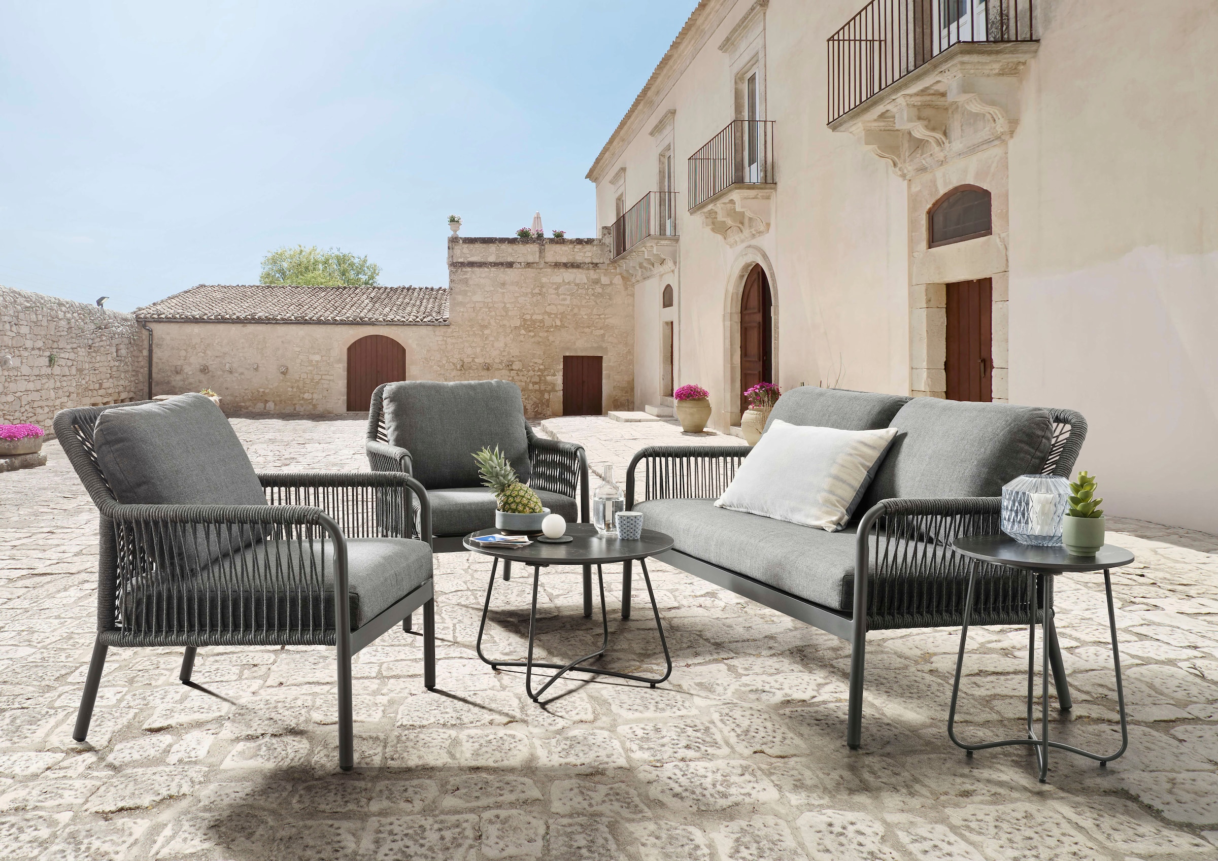 Destiny Gartenlounge-Set "GENUA", (12 tlg., 1x 2er Sofa, 2x Sessel, 2x Tisch, inkl. Auflagen), Aluminium, Olefin-Rope