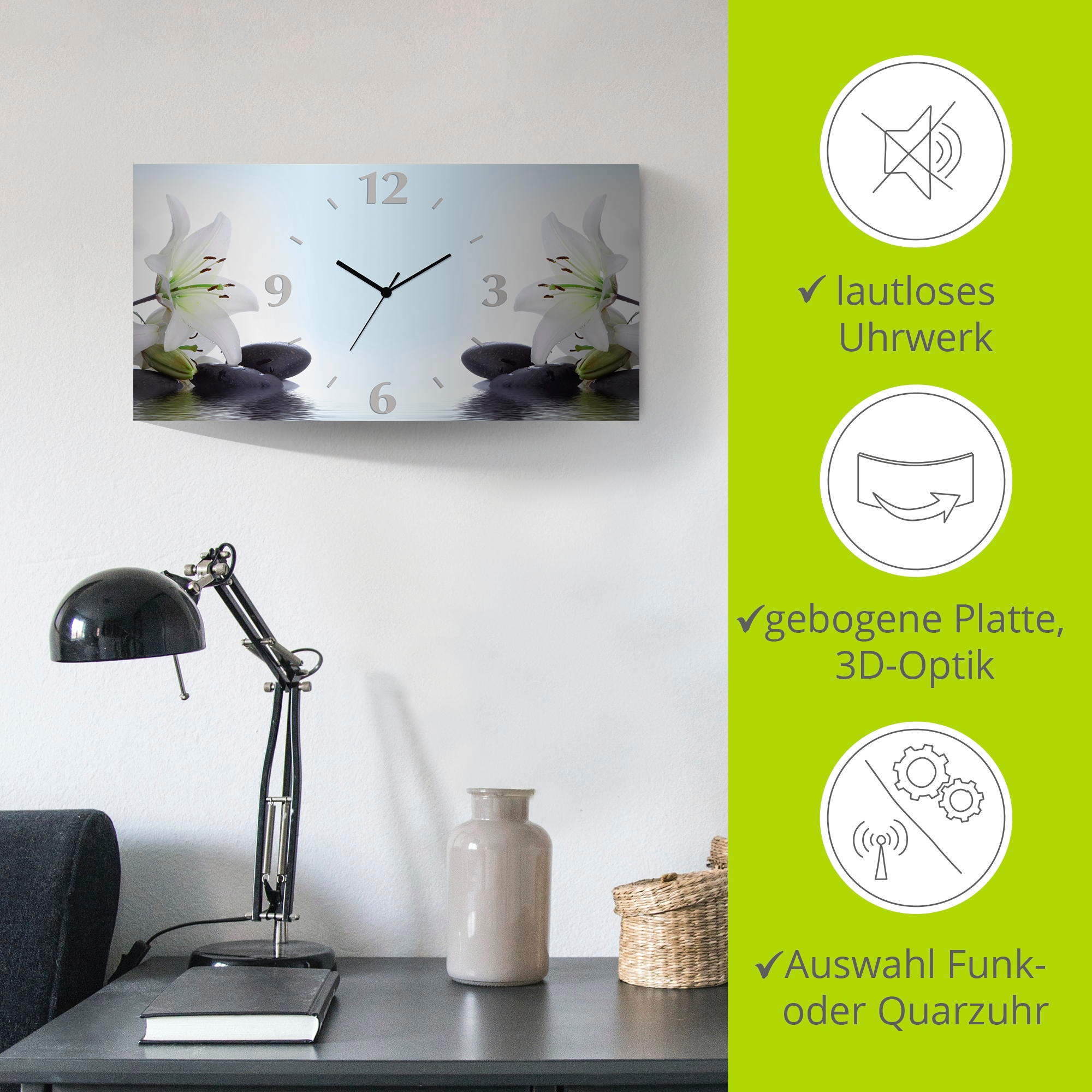 Artland Wanduhr »Nadonna Lilien und Spa Steine im Wasser«, 3D Optik gebogen, mit Quarz- oder Funkuhrwerk, versch. Größen