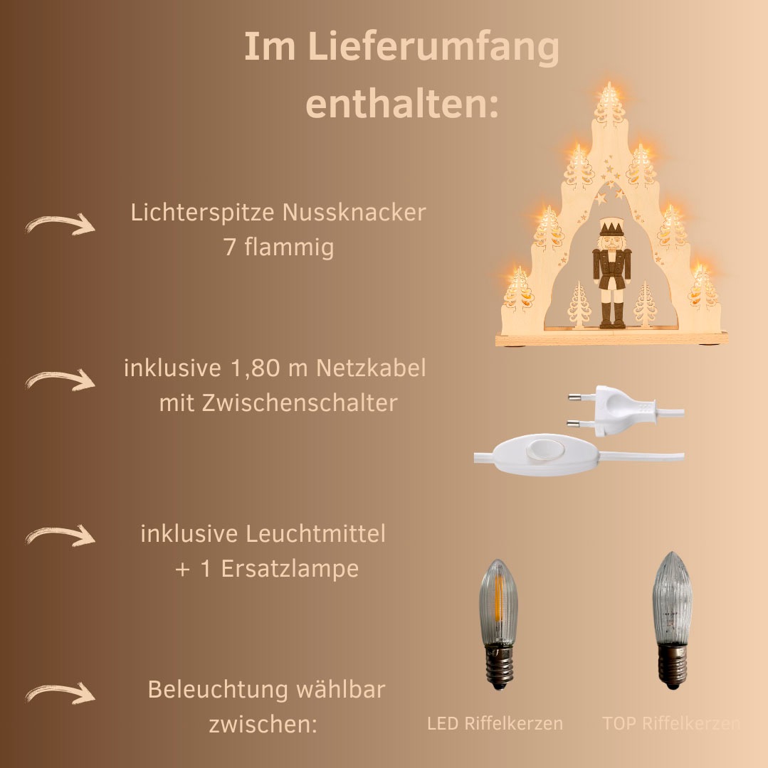 Thumbnail - Weigla Schwibbogen "Nussknacker, Lichterspitze aus Holz, NATUR-BRAUN", Erzgebirge garantiert, Weihnachtsdeko Innen, Weih...