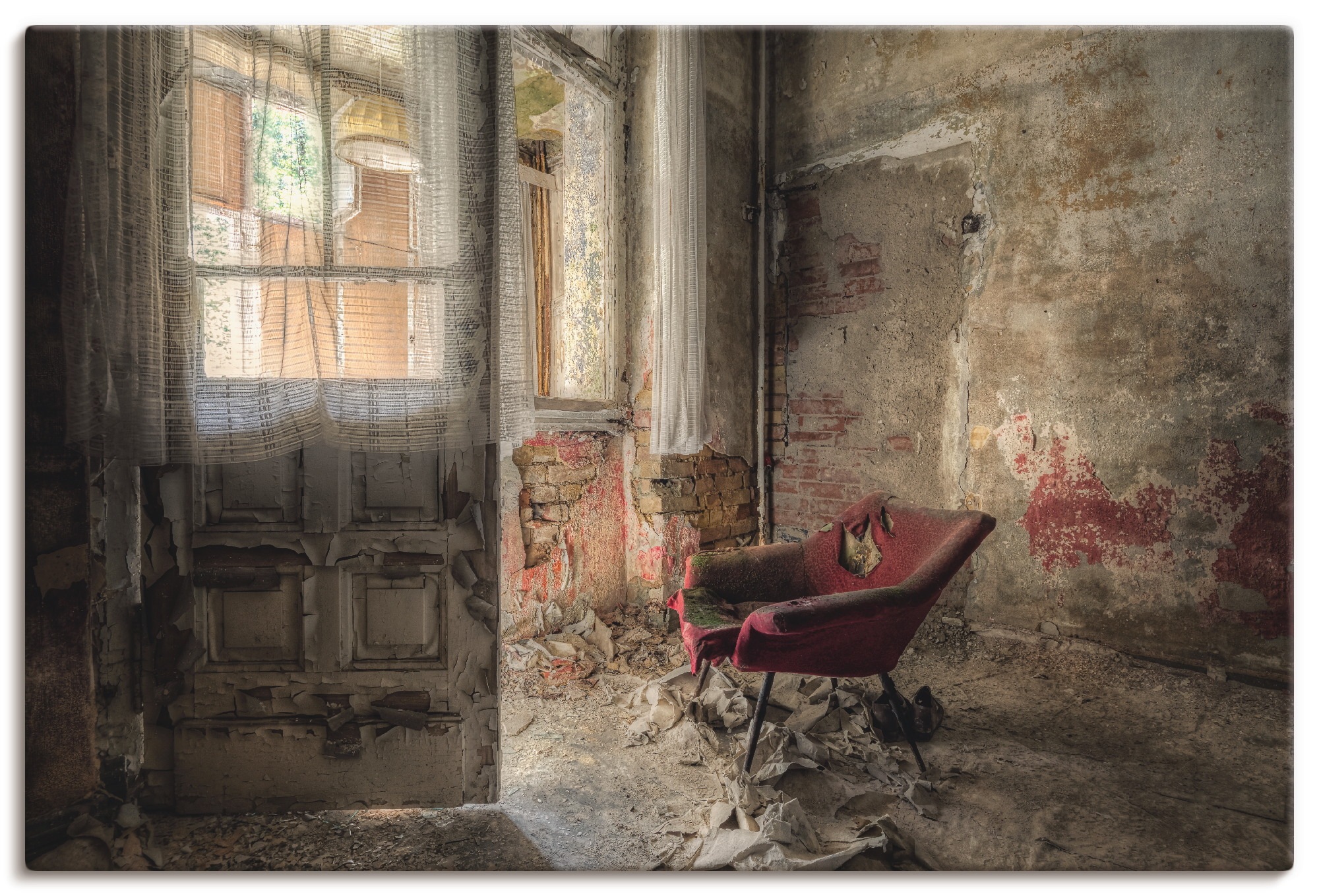 Artland Wandbild Lost Place - roter Sessel I, Innenarchitektur, (1 St.), in vielen Größen & Produktarten - Alubild / Outdoorbild für den Außenbereich, Leinwandbild, Poster, Wandaufkleber / Wandtattoo auch für Badezimmer geeignet