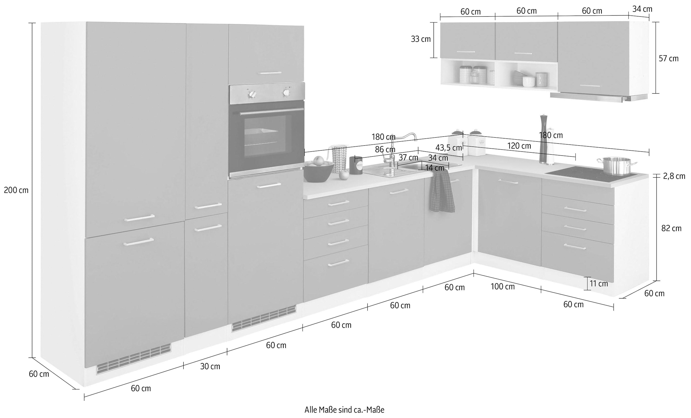 KOCHSTATION Winkelküche »KS-Visby«, mit E-Geräte, 390x180 cm, inkl. Kühl/Gefrierkombi und Geschirrspüler