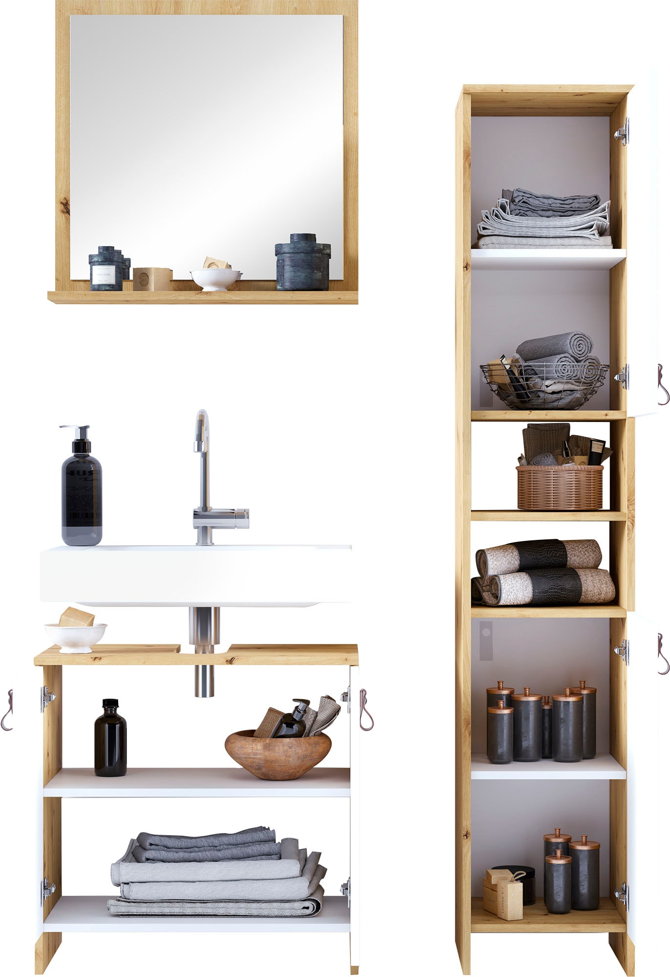 Homexperts Waschbeckenunterschrank »New Port«, Badezimmerschrank in skandinavischem Design mit Kunstledergriffen
