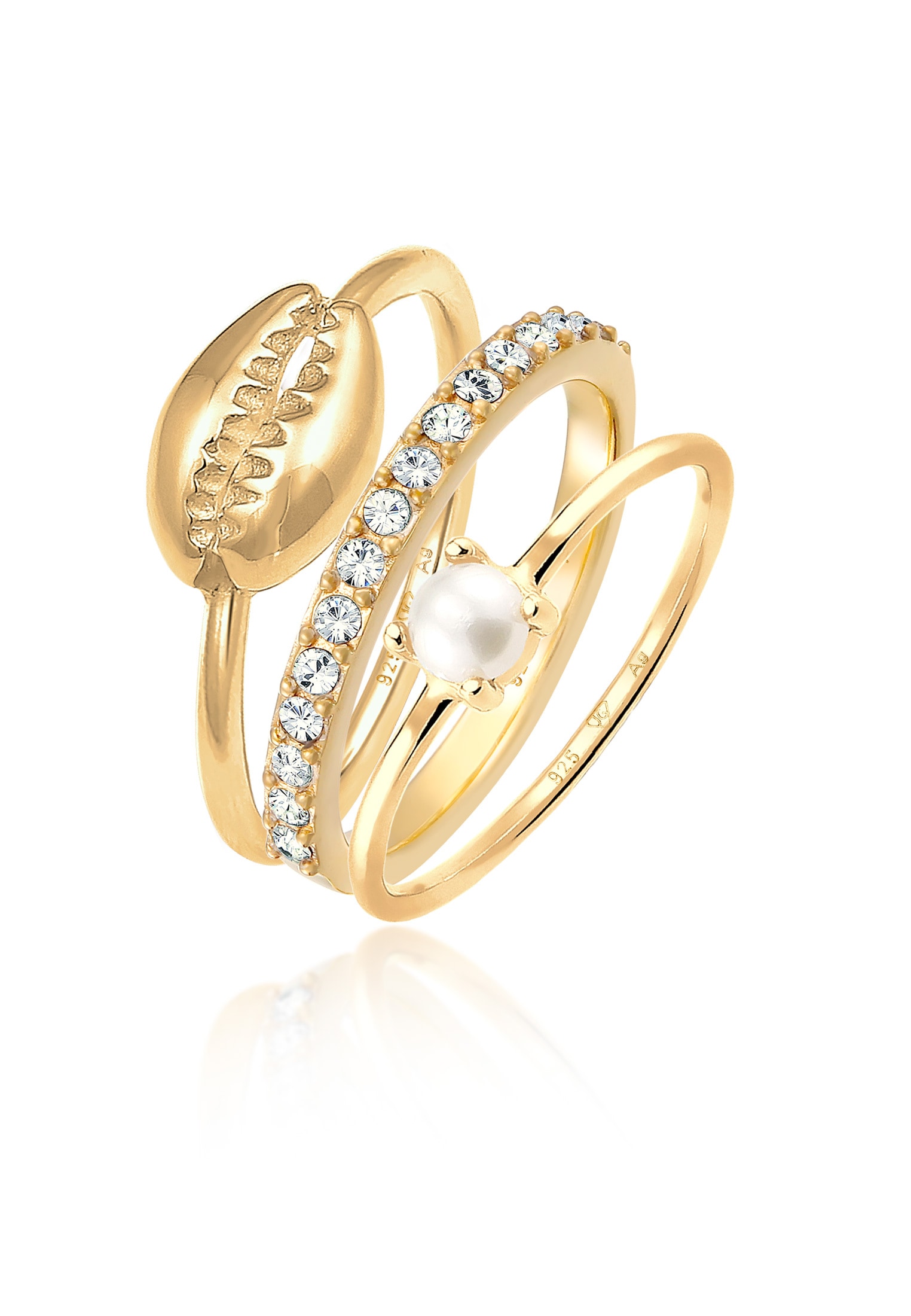 "Ring-Set ELLI ""Ring Set Süßwasserperle Kristalle Muschel 925 Silber"" Gr. 54, gold, Fingerringe, Damen, 54, ohne Stein, Silber 925