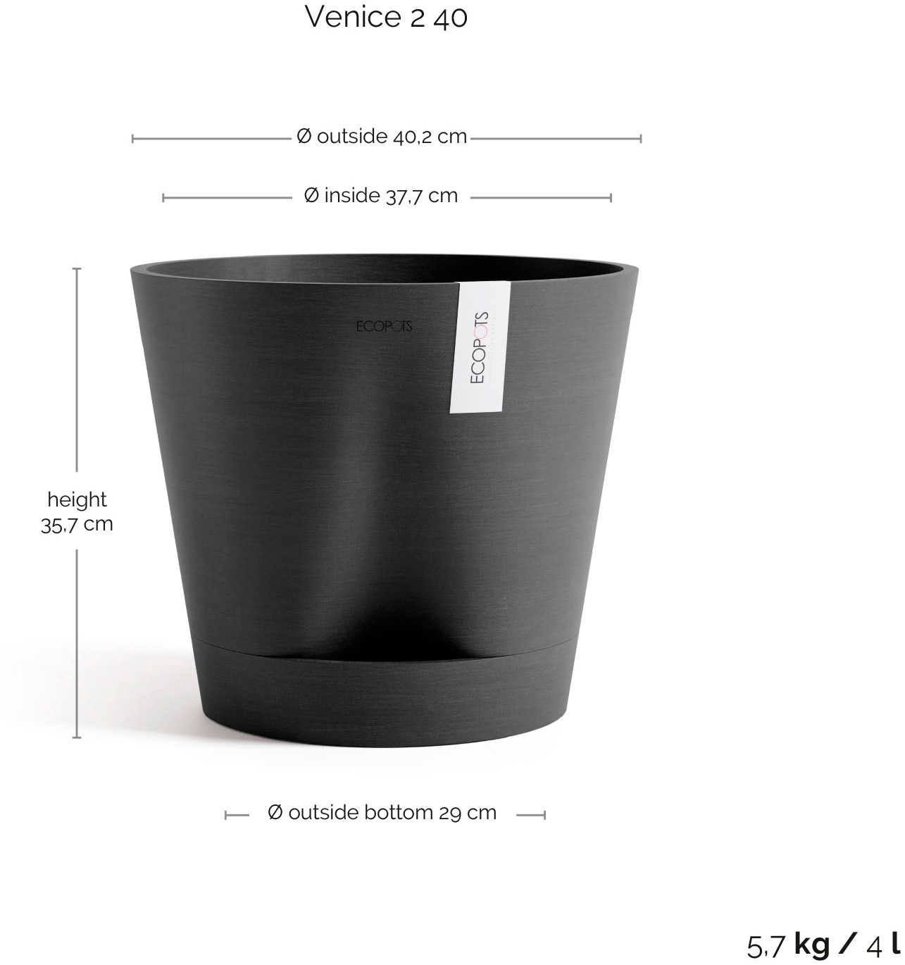 ECOPOTS Blumentopf »Venice 2 40 Dunkelgrau«, für den Innenbereich