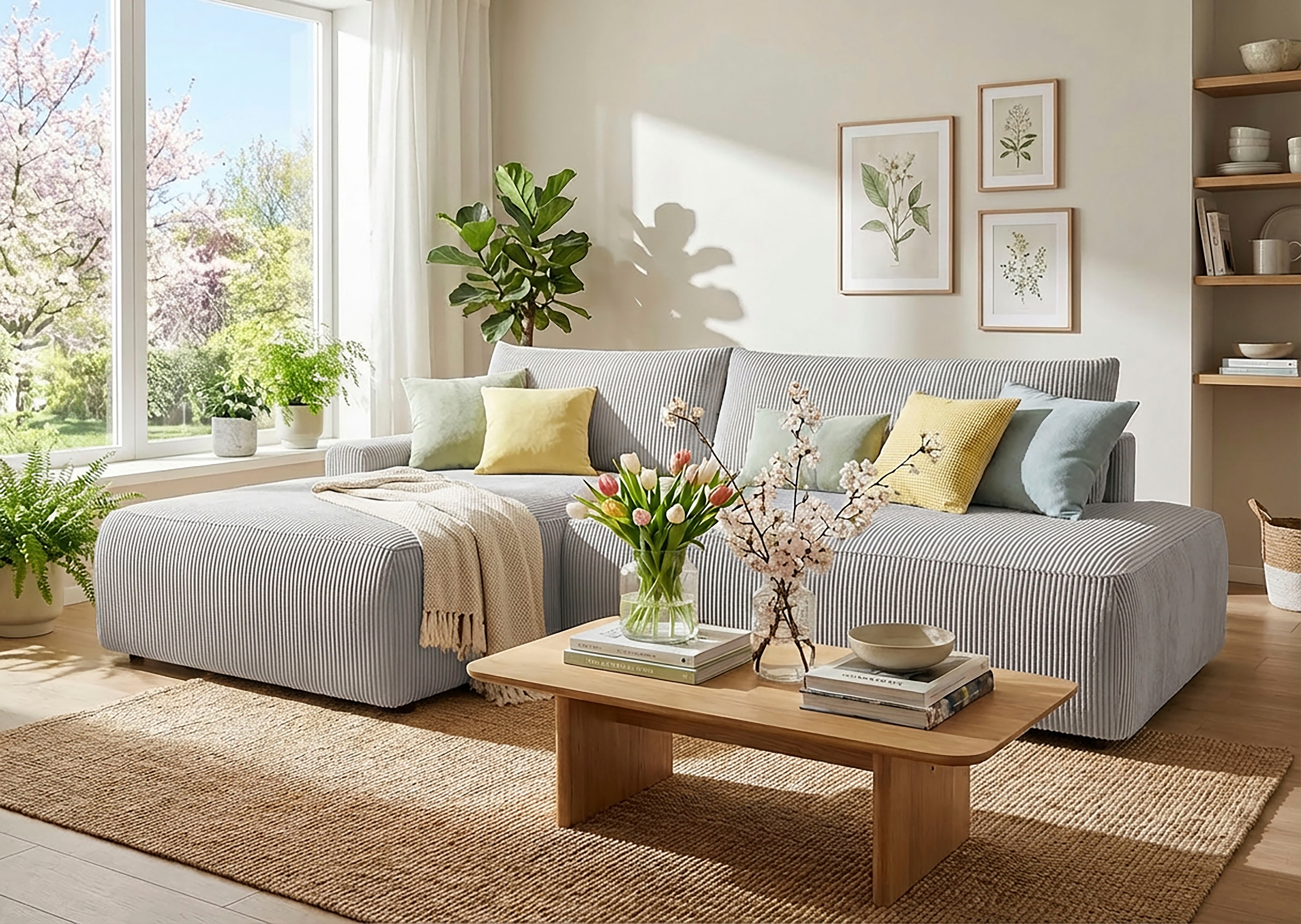 TRENDMANUFAKTUR Ecksofa "Prag, Schlafsofa mit Bettkasten, Couch in L-Form, Breite 253 cm" in Cordstoff HYPER, betongrau, Recamiere links