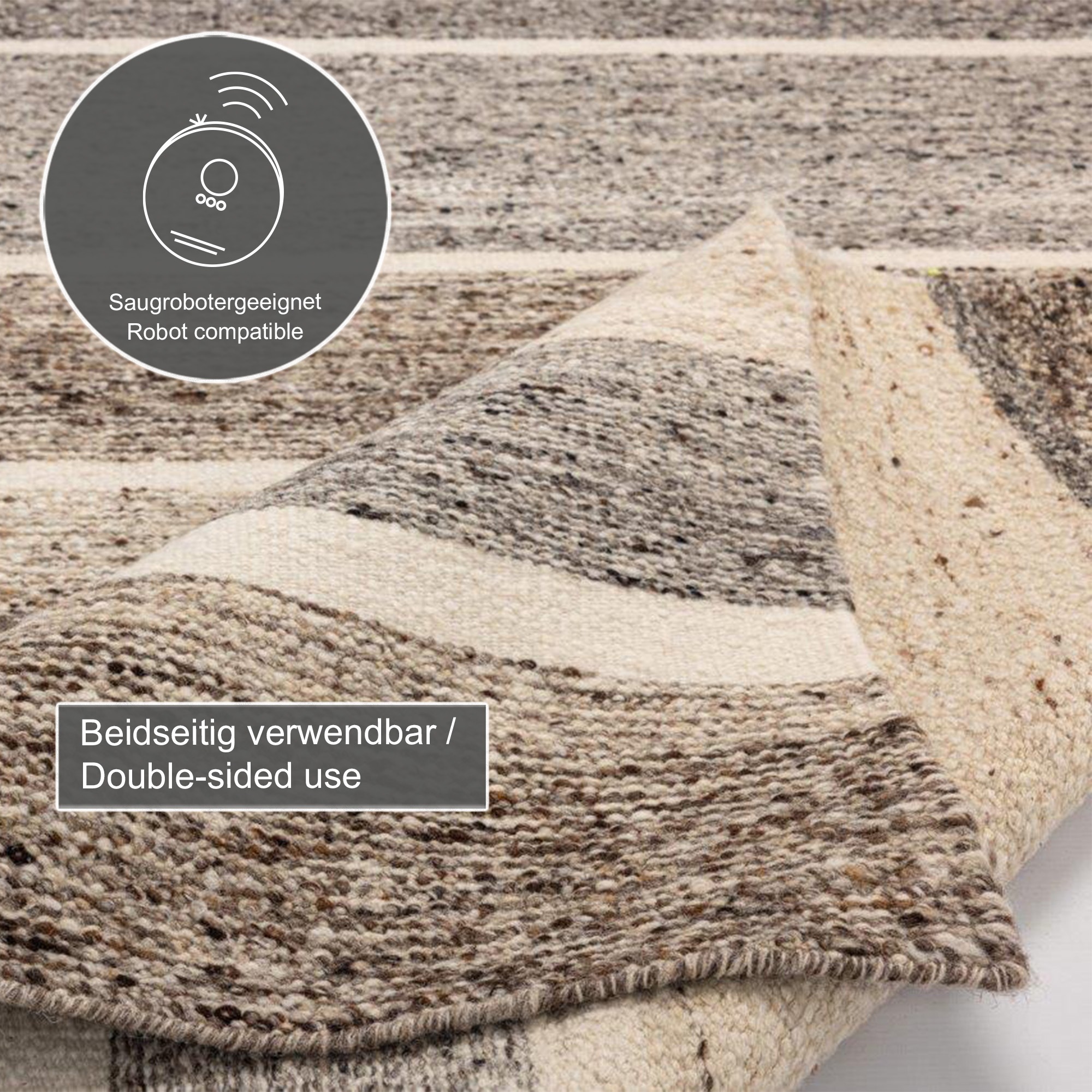 Wollteppich THEKO "Ehrwald TK-155", beige, B:200cm H:12mm L:300cm, Schurwolle, Teppiche, Wendeteppich, besonders flach, reine Wolle, handgewebt, gestreift 3