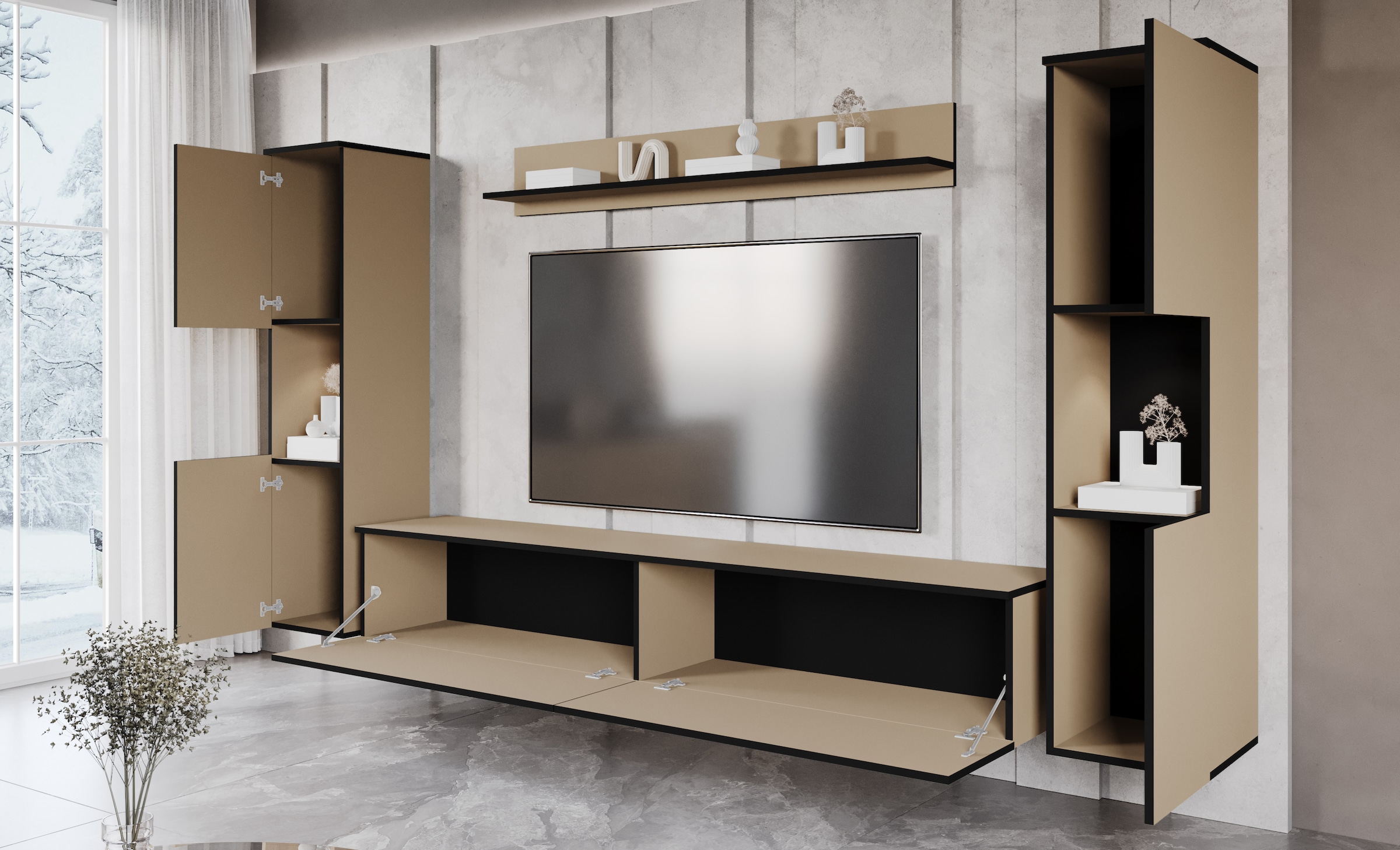 INOSIGN Wohnwand »PARIS, Vitrine Türanschlag links/rechts wechselbar«, (Komplett-Set, 4 St.), TV-Wand 260cm breite, grifflose Design, stehend und hängend montierbar