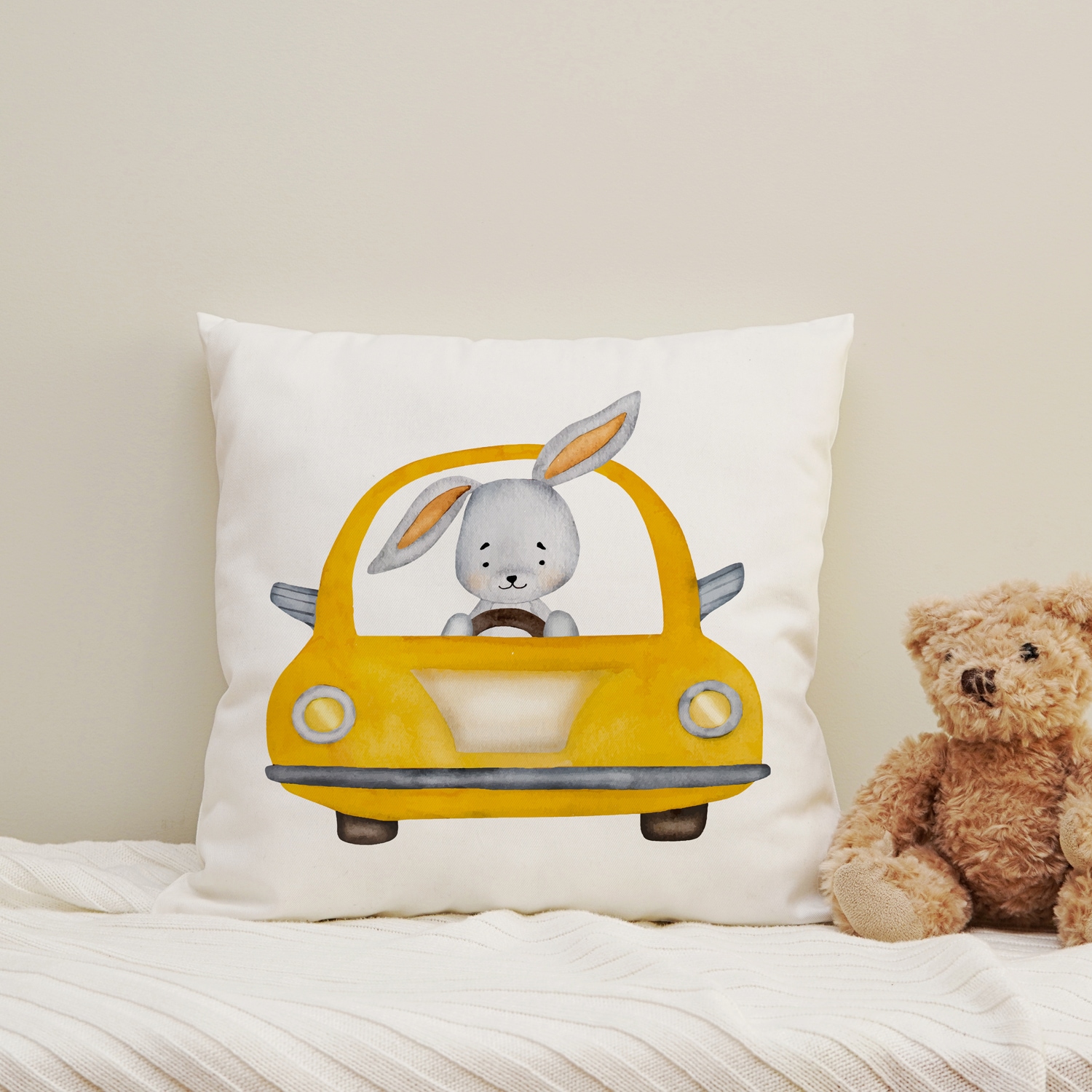 queence Dekokissen "Hase im Taxi" Kissenhülle mit HD Premium Druck, geruchsneutral, 40x40cm
