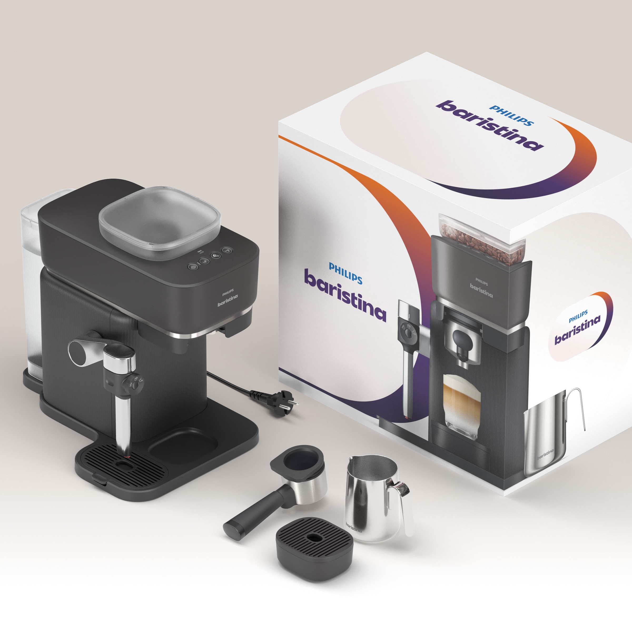 PHILIPS baristina Espressomaschine »Latte BAR400/60 mit Mahlwerk für ganze Bohnen und Milchschaumdüse« 3 Schaumarten, 16 bar Pumpendruck, Schwarzgrau​