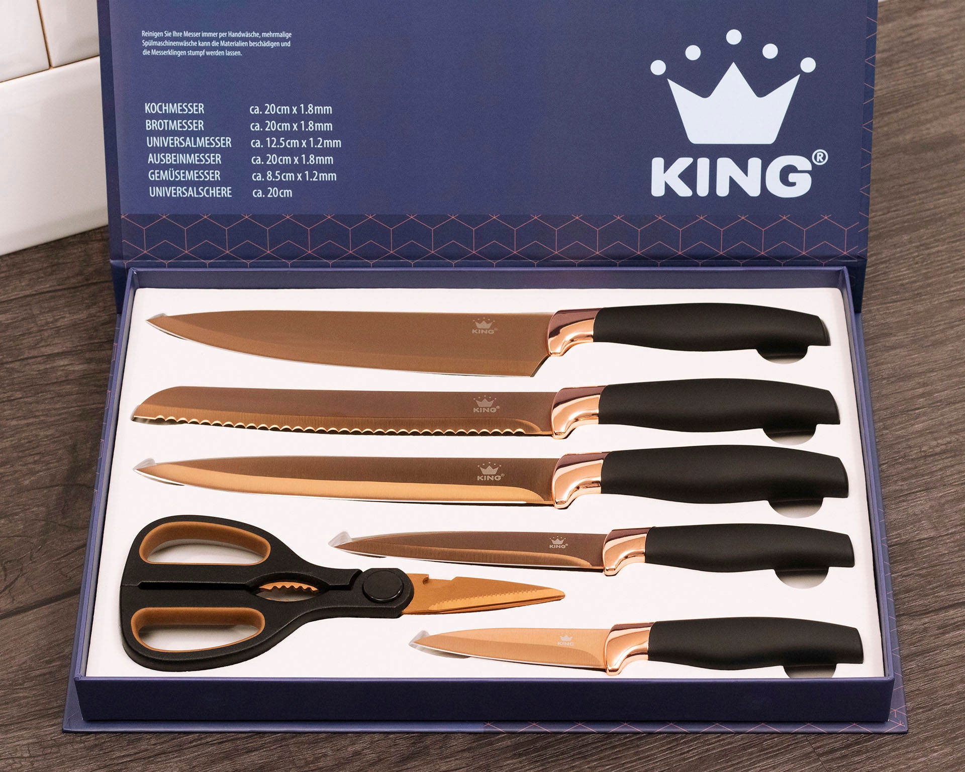 KING Messer-Set »TITANIUM ROSÉ«, (Set, 6 tlg.), 5 Küchenmesser, 1 Schere, beschichtete Messer- und Scherenklinge