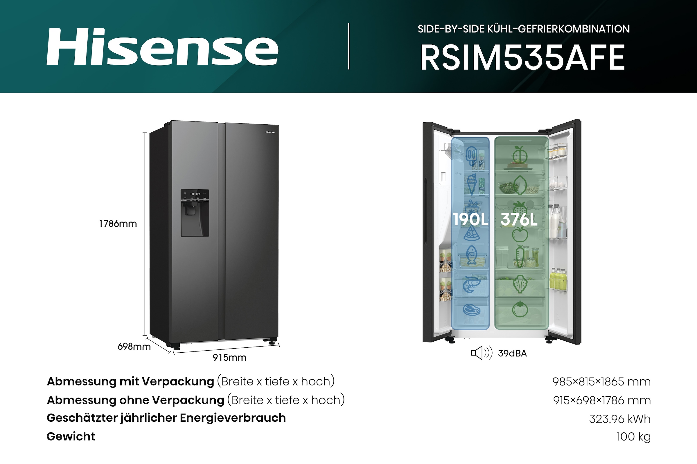 Hisense Side-by-Side »RSIM535AFE«, Wasser-/Eisspender, NoFrost, mit Wassertank