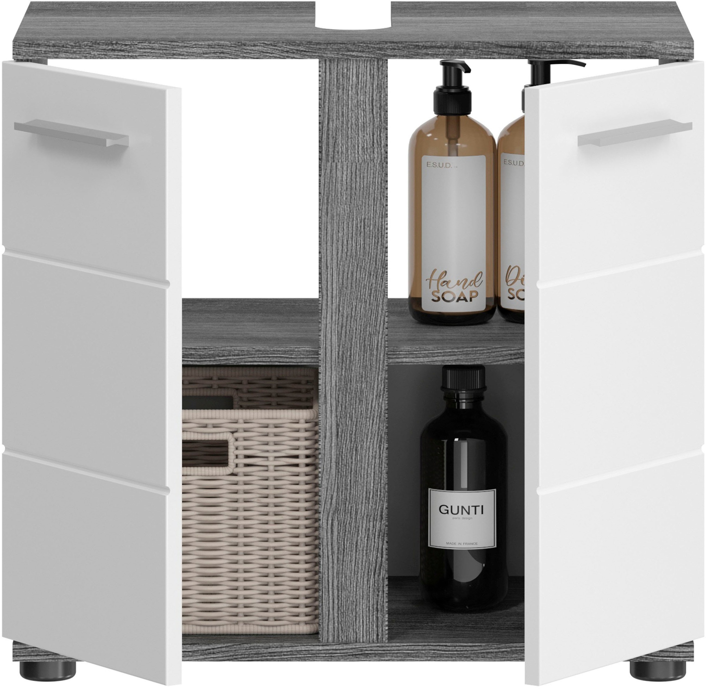 welltime Badmöbel-Set »LUCCA, 4-teilig, TOPSELLER!, MDF Hochglanzfront, bestehend aus:«, (Set, 4 St.), Waschbeckenunterschrank, Spiegel, Unterschrank, Hängeschrank