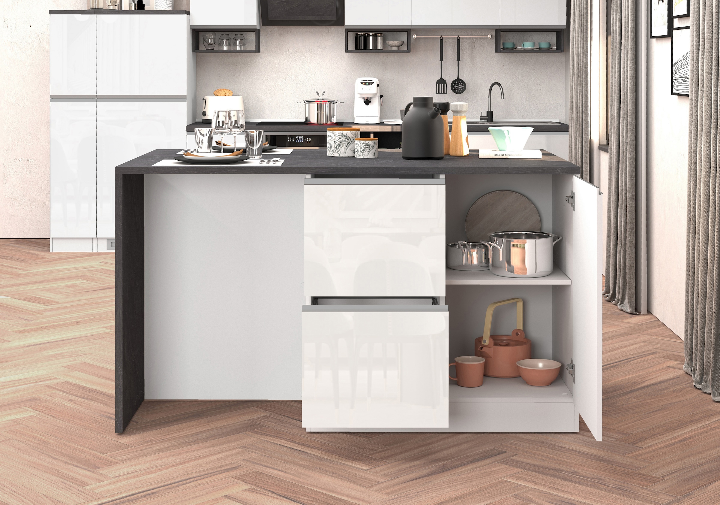 KOCHSTATION Kücheninsel »KS-Sole, Kochinsel, Küchenarbeitsblock, Inselküche, Arbeitsinsel« Breite 152,5 cm, mit Essplatz, Handtuchhalter, Fächer und Weinregal