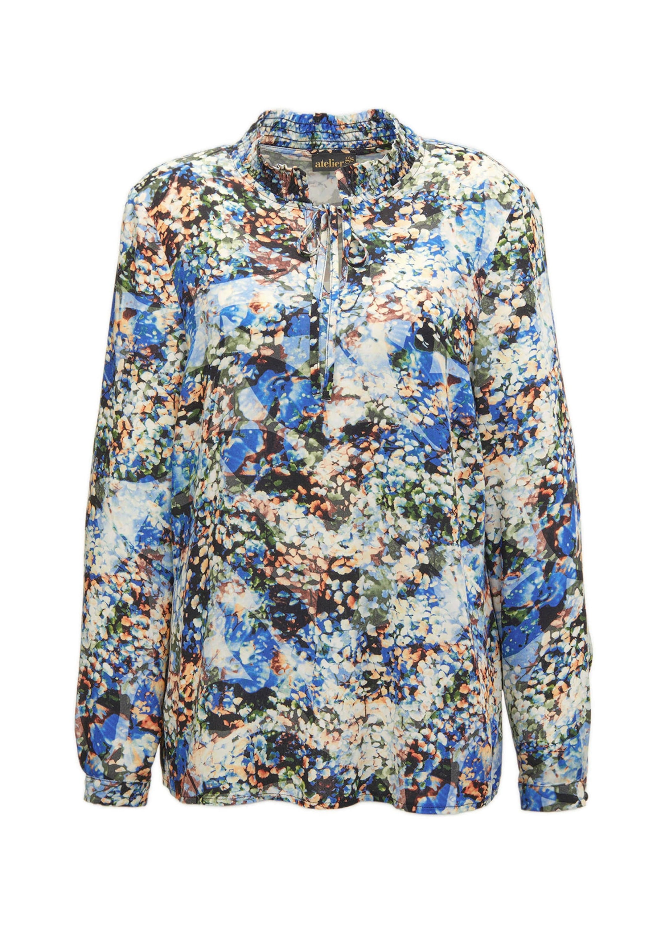 GOLDNER Druckbluse "Kurzgröße Druckbluse mit raffinierter Ausschnittlösung" Kunstvoller Aquarelldruck