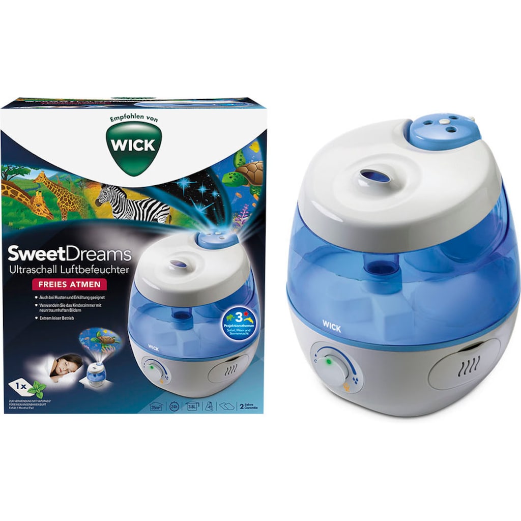 WICK Luftbefeuchter »SweetDreams Kaltluft-Luftbefeuchter mit Lichtprojektion - WUL575«, 3,8 l Wassertank, Projiziert 3 Motive: Safari, Ozean und Sternenhimmel