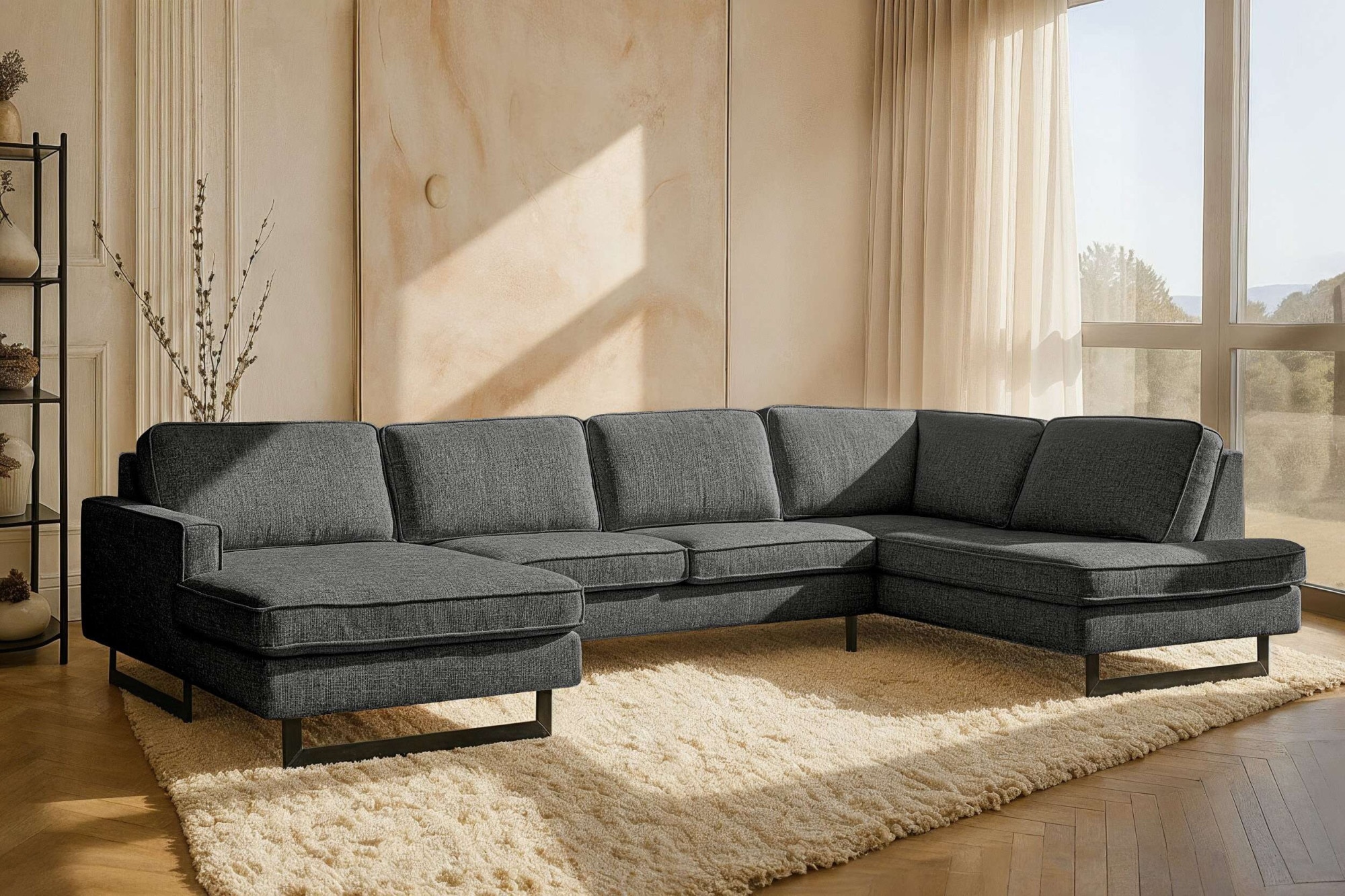 OTTO home Wohnlandschaft "Pinto, 350 cm, U-Form, XXL, mit Ottomanen" Cord, Chenille, Lederoptik, mit Keder, Metallfüße, Wellenunterfederung