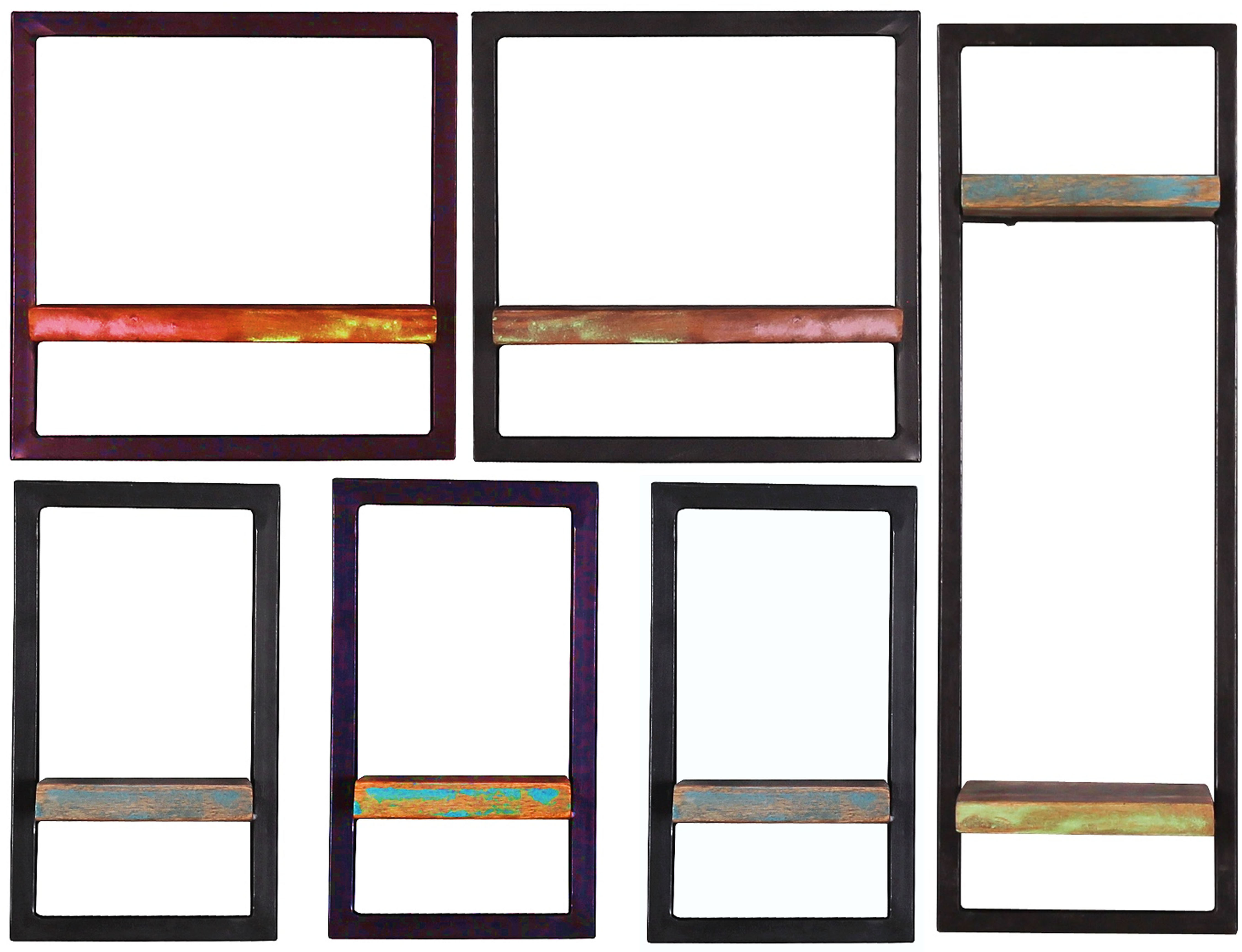 SIT Wandregal "Yokohama 6-teilig aus Altholz mit schwarzem Metallrahmen" Set, 3 schmale, 2 breite & 1 hohes Wandregal für flexible Gestaltung