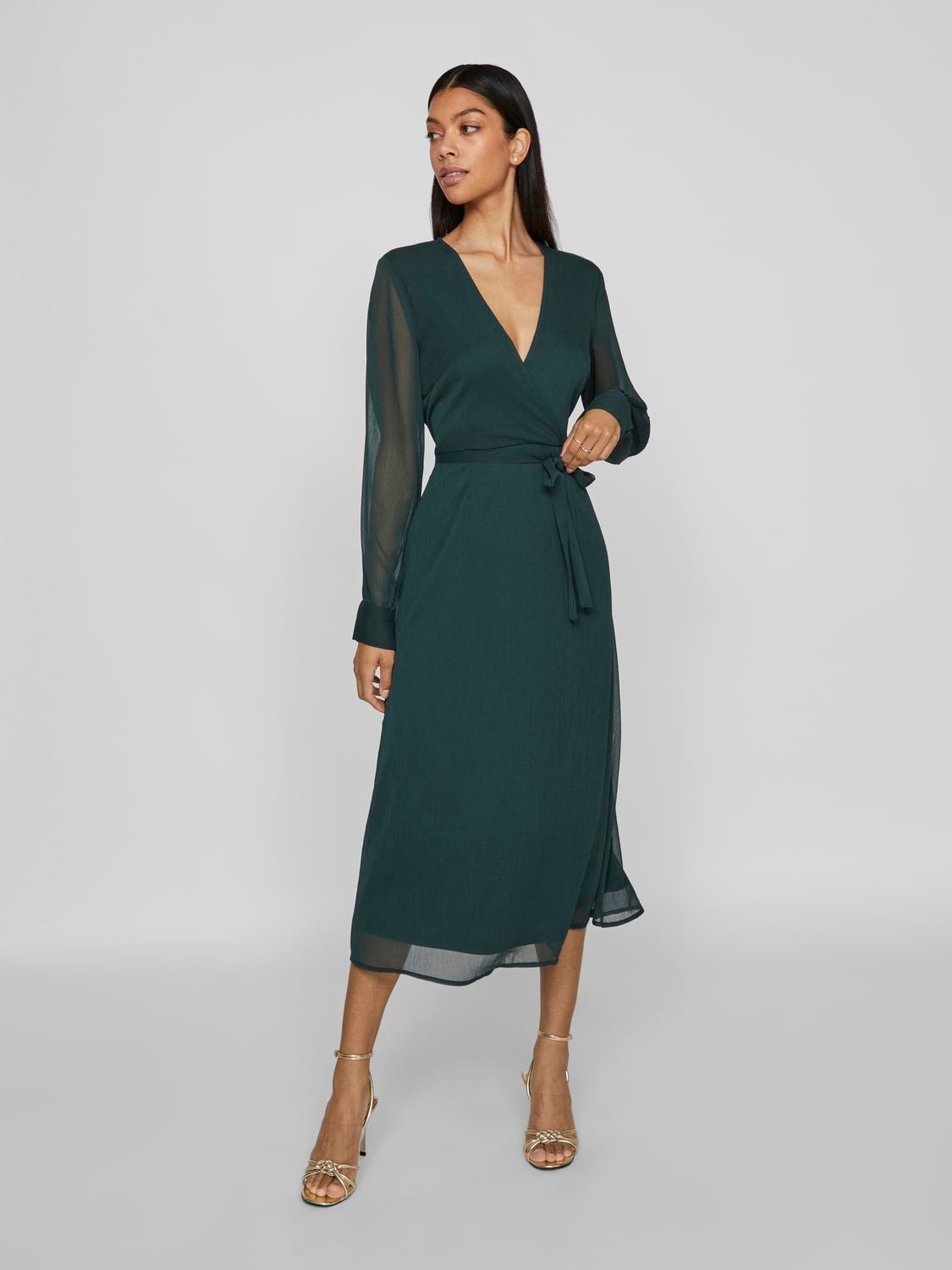 Vila Chiffonkleid "VIFALIA V-NECK L/S MIDI DRESS - NOOS"