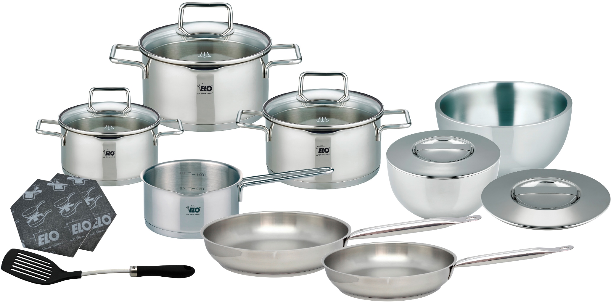 Elo Topf-Set "Smart Steam", Edelstahl 18/10, (Set, 11 tlg., Fleischtopf 16/20/24 cm, Stielkasserolle 16 cm, Bratpfanne 2