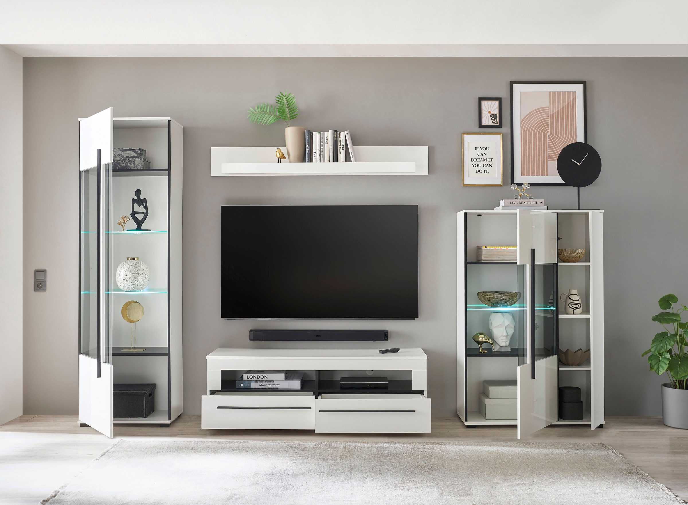 INOSIGN Wohnwand »Cantara, moderne Anbauwand, Wohnzimmer-Set, in Eiche Evoke oder Weiß«, (Set), enthält zwei Vitrinen, ein Lowboard und ein Wandboard