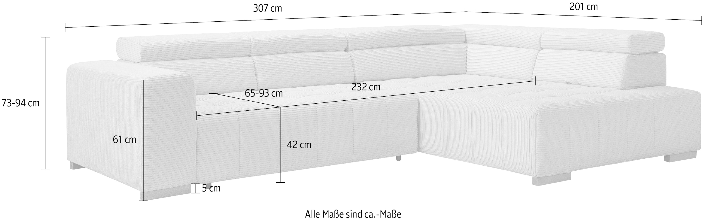 exxpo - sofa fashion Ecksofa »Elianos, hoher Sitzkomfort, aufwendige Kreuzsteppung im Sitz, L-Form«, Kopfteile & Sitztiefe verstellbar, mit Bettfunktion, Cord, beige