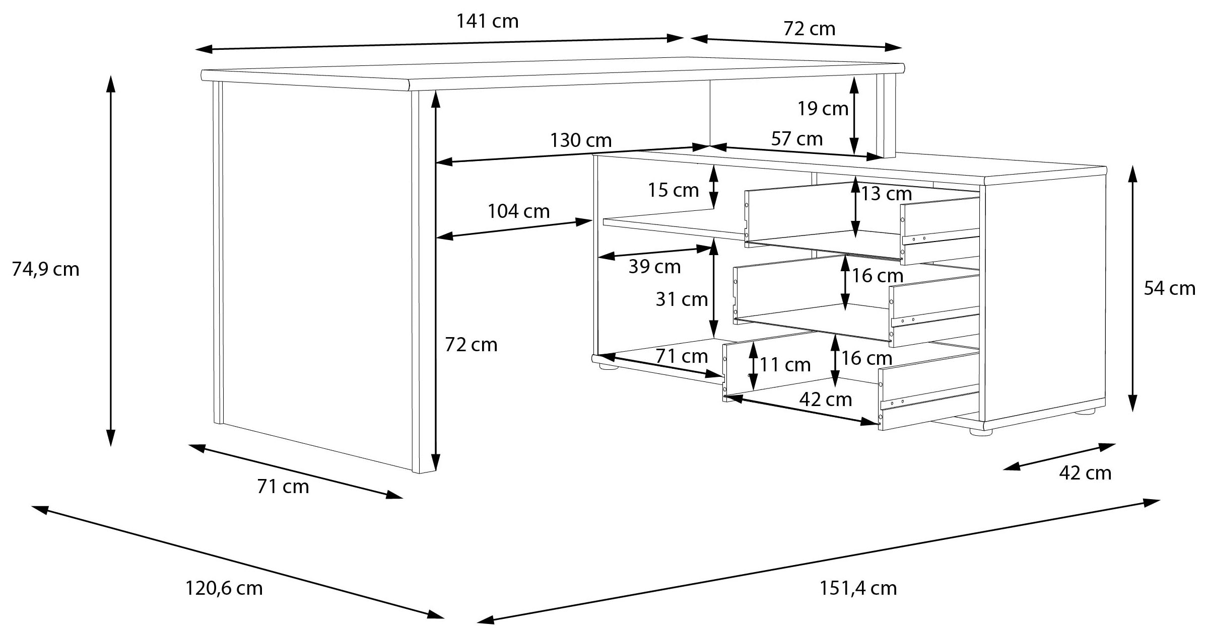 FORTE Eckschreibtisch »Tempra«, viel Stauraum, Breite 151 cm