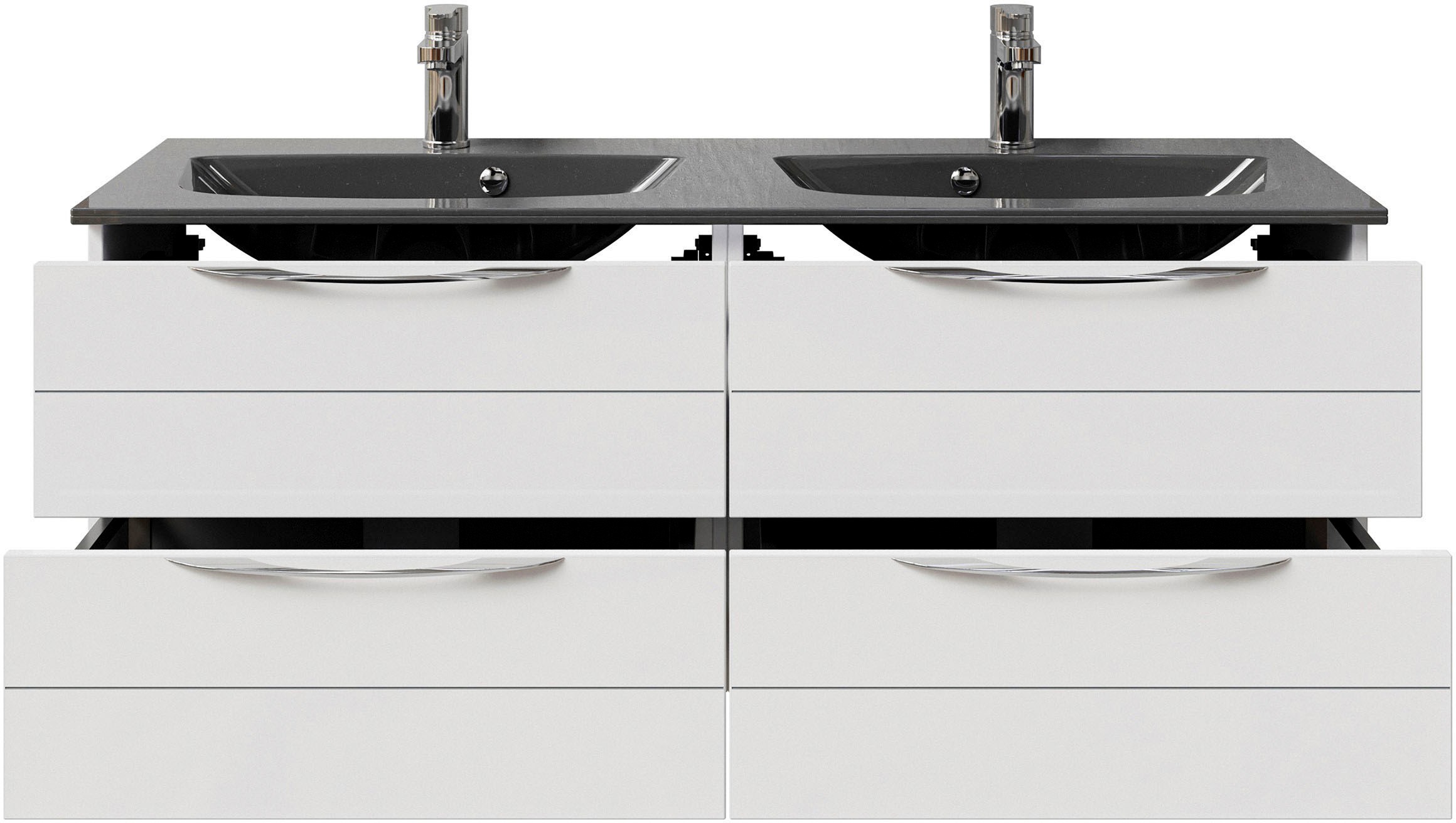 Saphir Badmöbel-Set »Serie 6025 2-teilig Mineralmarmor-Waschtisch mit LED-Spiegelschrank«, (2 St.), Waschplatz 132cm breit, 4 Schubladen, 2 Spiegel-Türen, inkl Türdämpfer