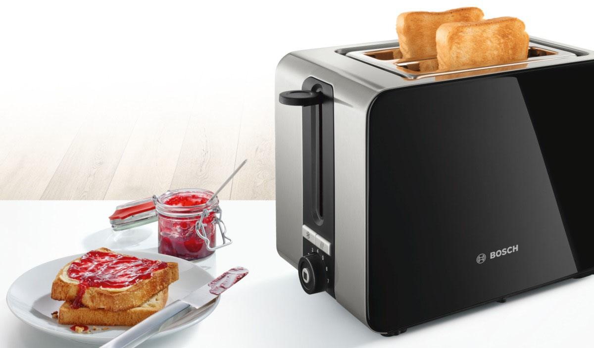 BOSCH Toaster "ComfortLine TAT7203, integrierter Edelstahl-Brötchenaufsatz" 2 kurze Schlitze für 2 Scheiben 1050 W Abschaltautomatik, Auftaufunktion, Edelstahl/schwarz