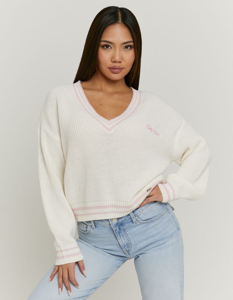 Tally Weijl Strickpullover "SPUACKARIBOU" Kunstfaser, mit tiefem V-Ausschnitt im College-Stil