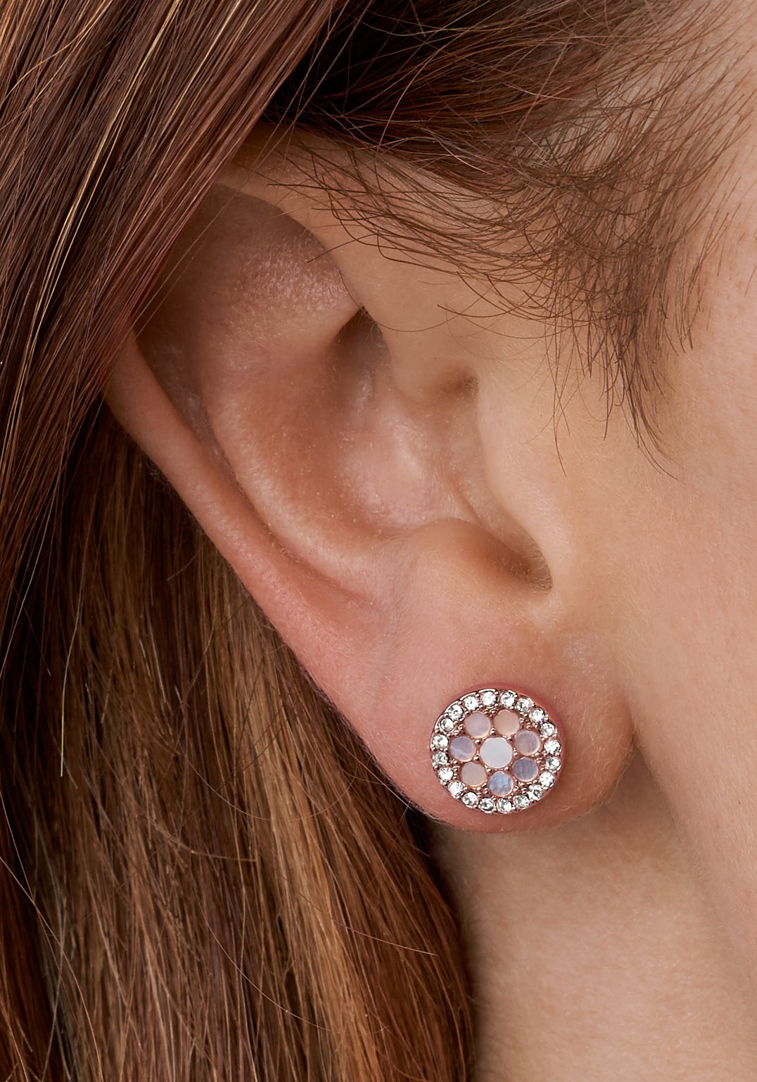 Paar Ohrstecker FOSSIL "Schmuck Geschenk Edelstahl Ohrringe SADIE", rosa (edelstahlfarben, roségoldfarben, rosa, kristallweiß, kristallweiß), Ohrringe, Damen, 10mm, Edelstahl, mit Glasstein - mit Perlmutt 3