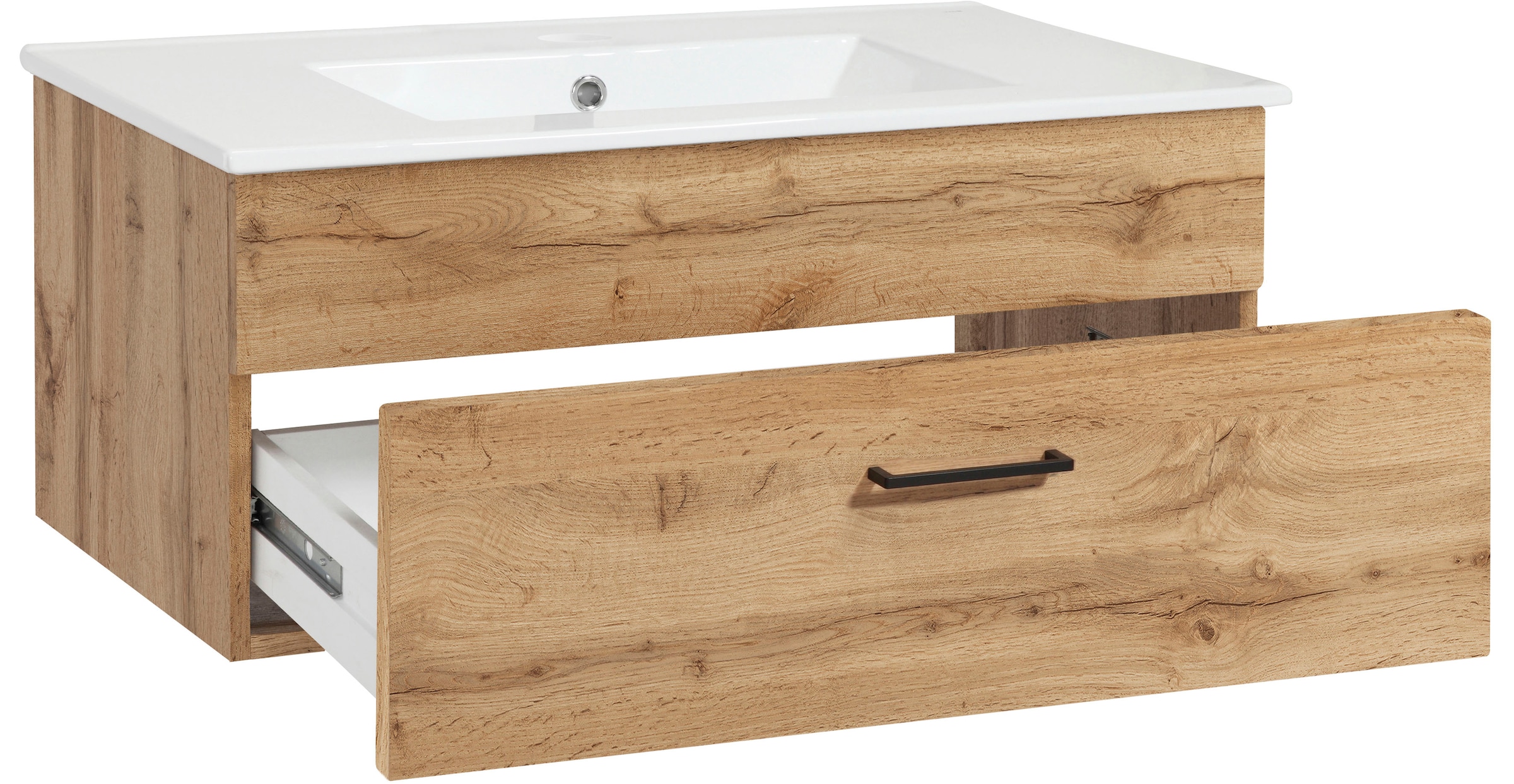welltime Waschtisch »Trento Light mit Keramik-Auflagebecken«, 1 feste Blende und 1 Auszug, Breite: 81cm, Wotaneiche