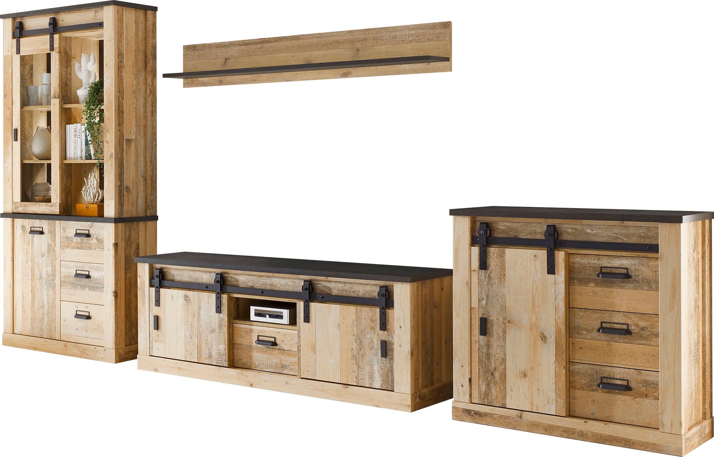 Home affaire Wohnwand "Sherwood, Anbauwand im Industrial-Style, Komplettset, Wohnzimmer-Set" 4 Stk. tlg.
