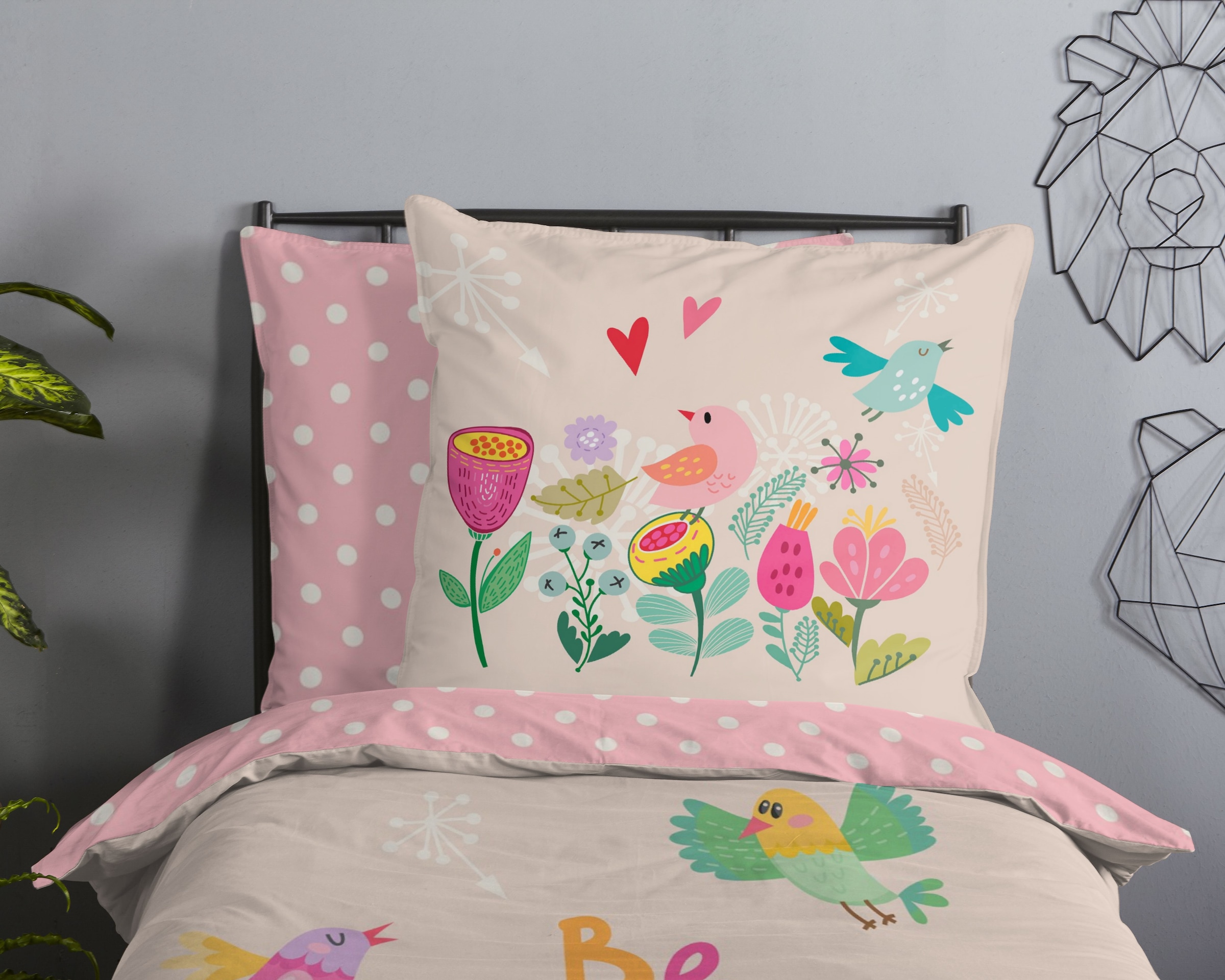 good morning Kinderbettwäsche »Happily« 2 Stk. tlg. Baumwolle, Renforcé, Wendeoptik, Kind,  Mädchen, blumen, vogel