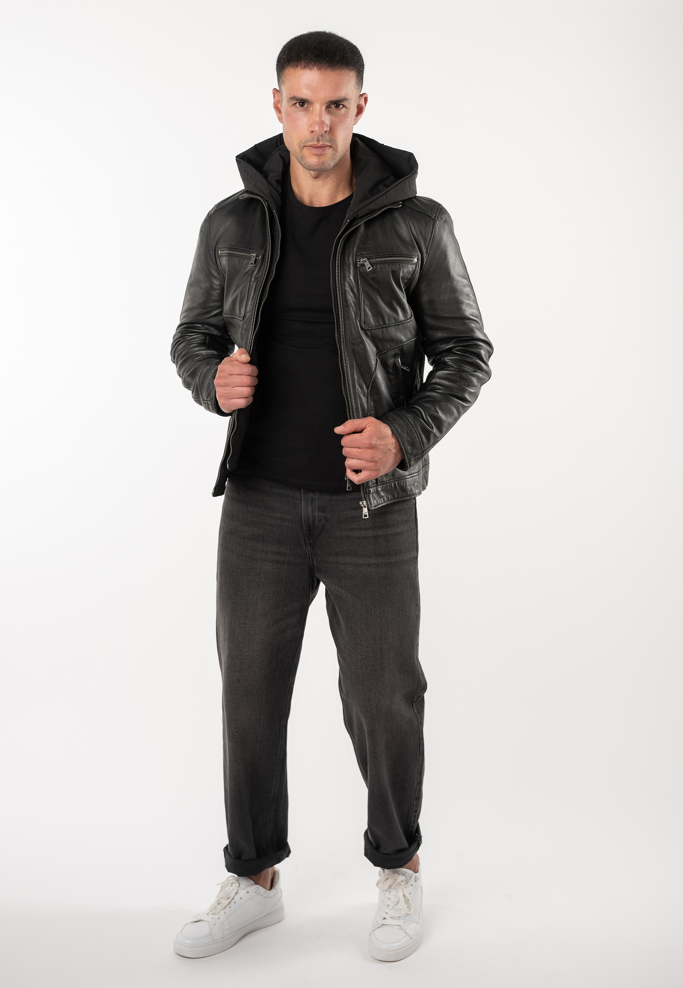 Mauritius Lederjacke »MMHocki« im Biker-Stil mit Kapuze aus Nylon