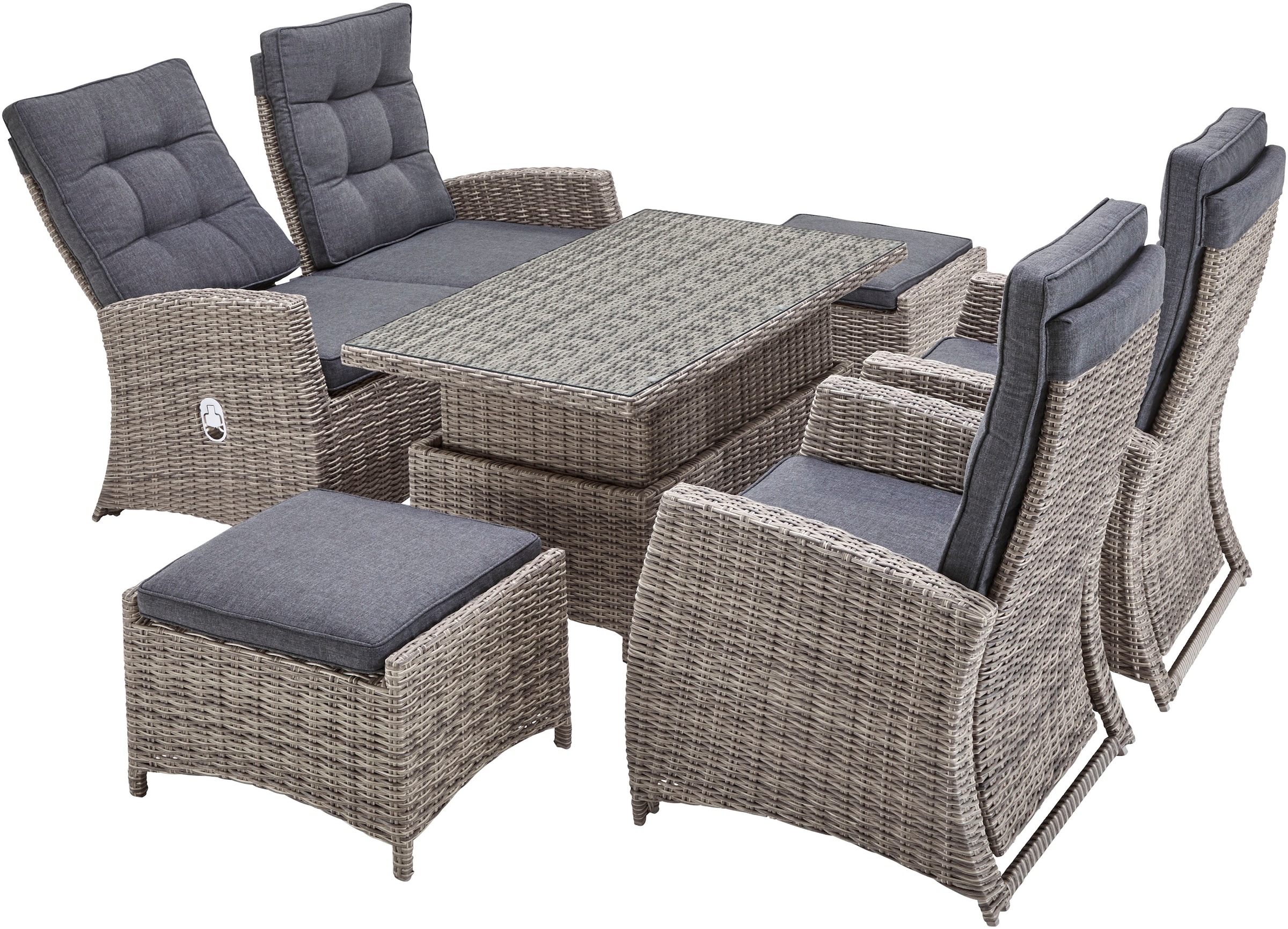 KONIFERA Gartenlounge-Set »Monaco«, (Set, 16 tlg., inkl. Auflagen, Alu, Polyrattan), höhenverstellbarer Tisch 43,5 - 66,5 cm