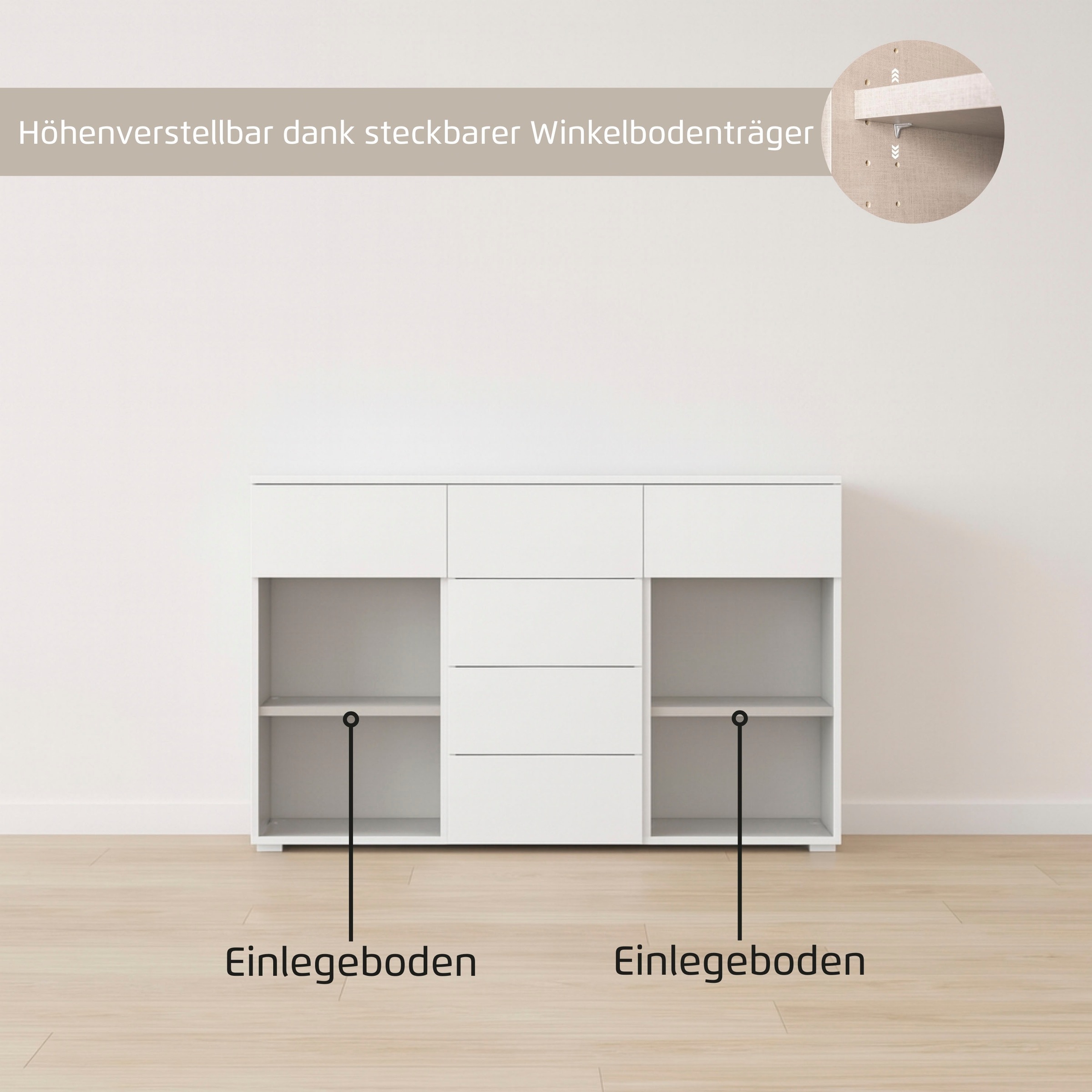 rauch Kombikommode »Sideboard Kommode Schubladenkommode Türenkommode BOSTON-EXTRA« B/H/T: 120/81/42 cm,  mit 6 geräumigen Schubladen, Einlegeböden verstellbar MADE IN GERMANY