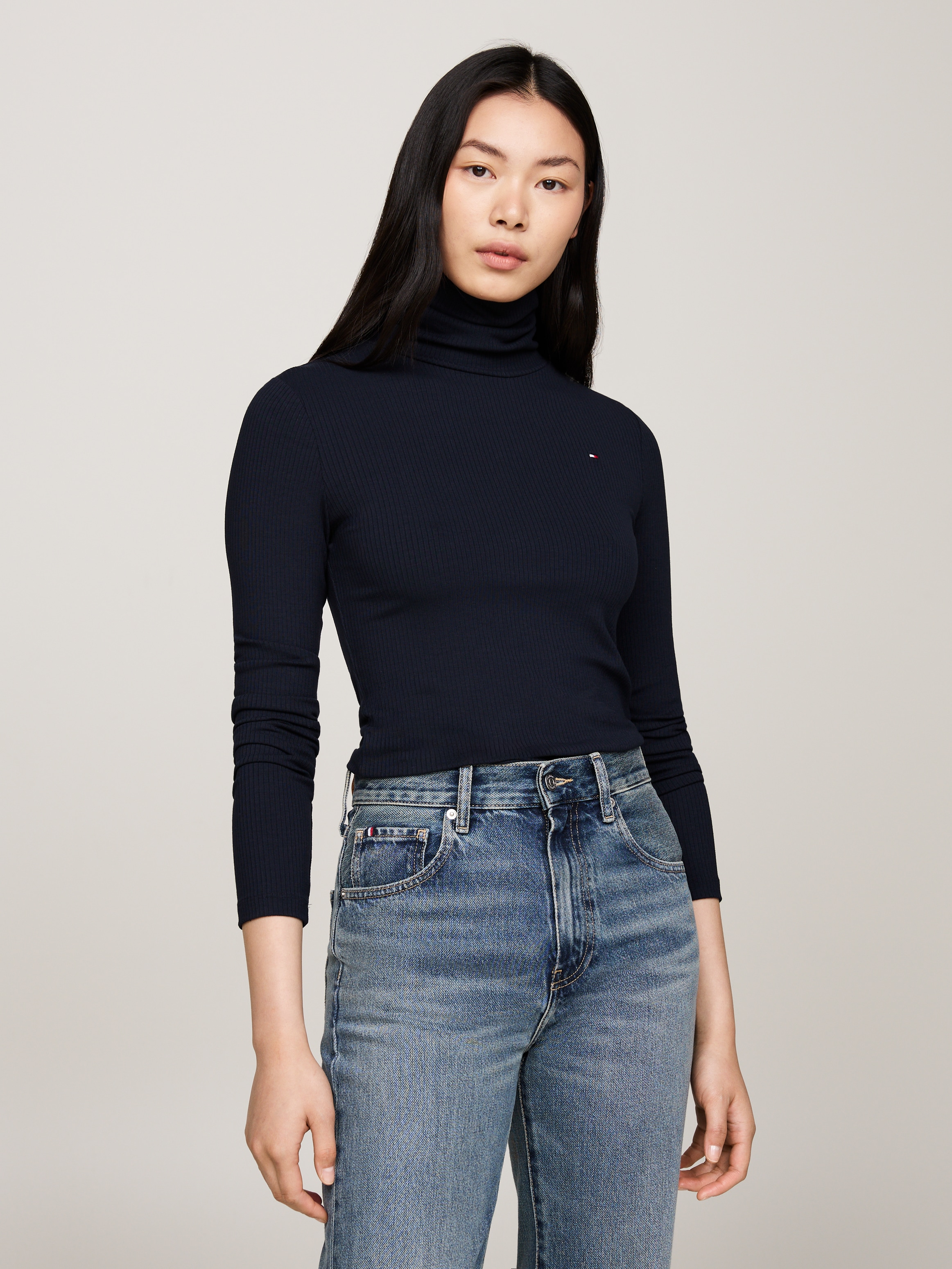 Tommy Hilfiger Langarmshirt "SLIM 5X2 RIB ROLL-NK LS", mit gerippter Strukt günstig online kaufen