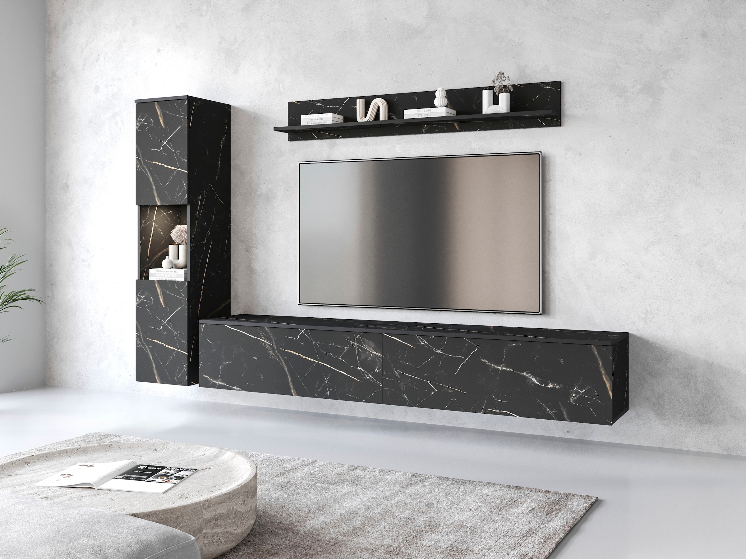 INOSIGN Wohnwand »PARIS, Vitrine Türanschlag links/rechts wechselbar«, (Komplett-Set, 3 St.), grifflose Design, stehend und hängend montierbar