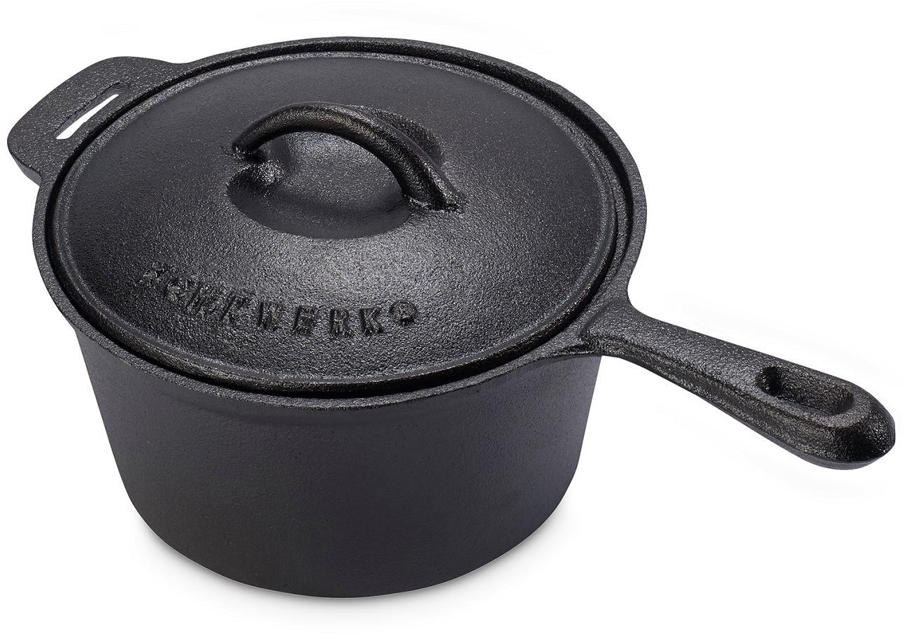 ECHTWERK Topf-Set »Dutch Oven«, Gusseisen, (Set, 7 tlg., Kochtopf, Stieltopf, Pfanne, Grillplatte, Deckelheber, Untersetzer), Gusseisen BBQ Kochtopf-Set, Feuertopf, ofenfest, Holzkiste