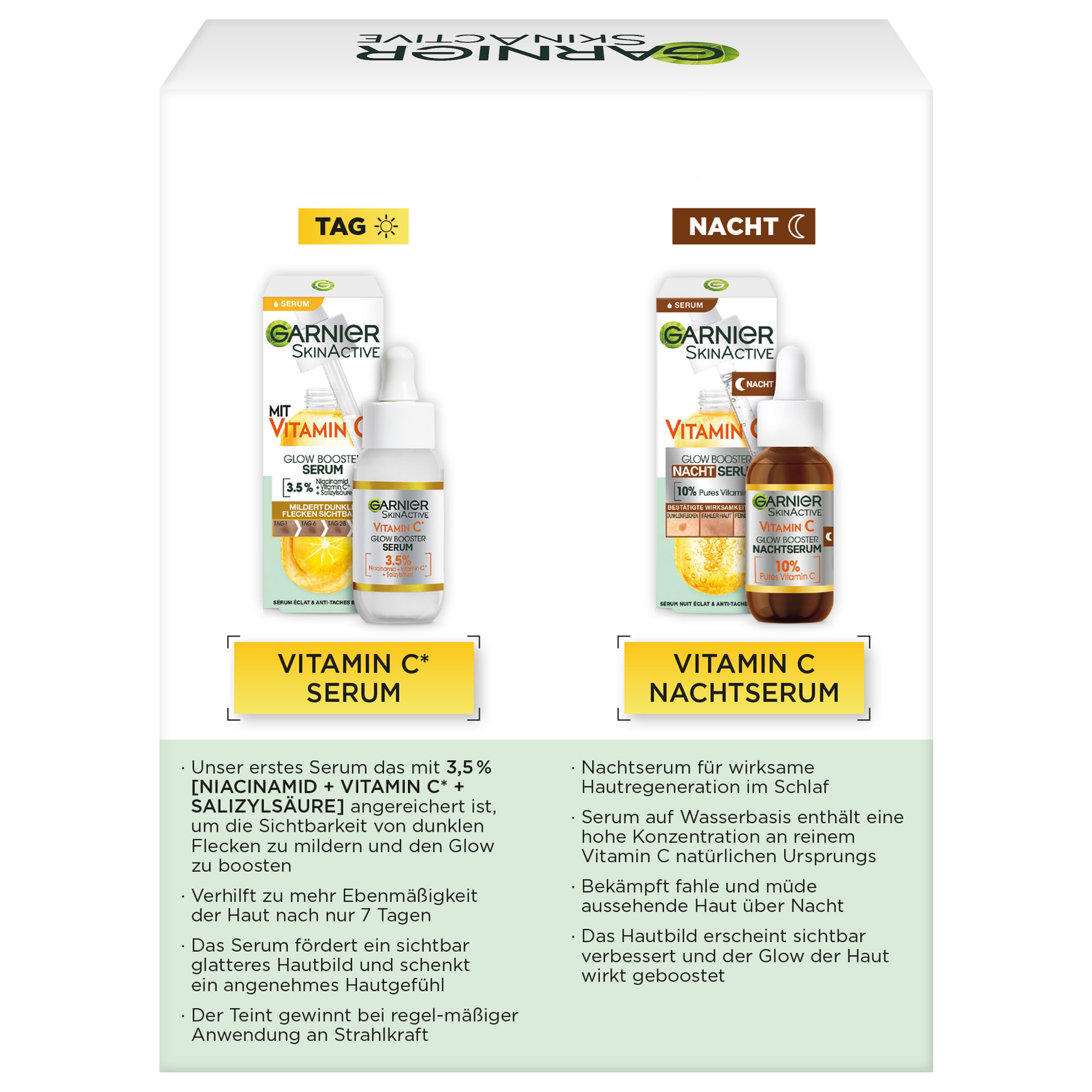 GARNIER Gesichtsserum »Vitamin C Glow Booster Serum Duo« Serum-Duo für Tag und Nacht, mit Vitamin C, Lotion-Textur